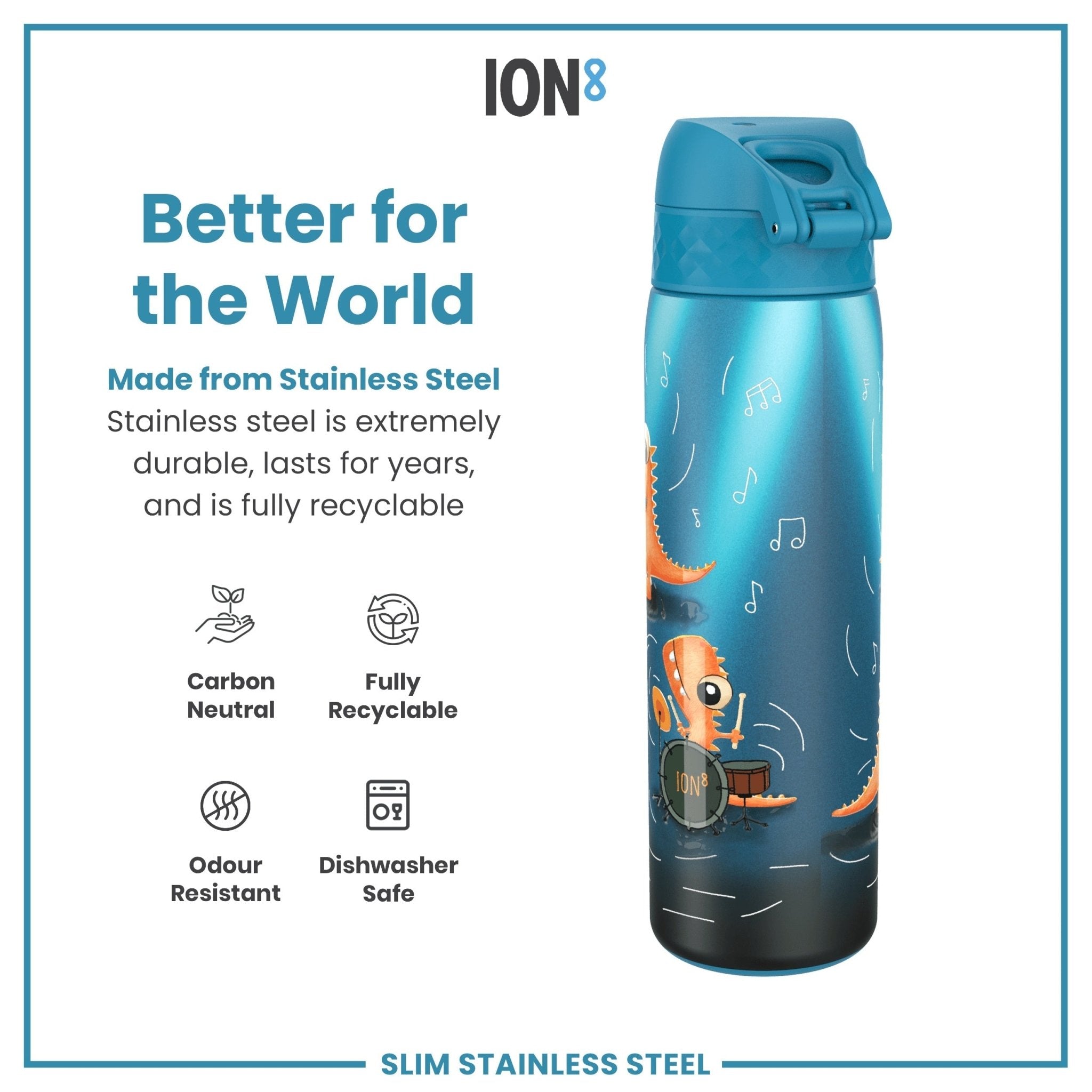 ION8 leak-proof slim stainless steel water bottle with Dino Band, 600ml capacity, durable and portable for on-the-go hydration.