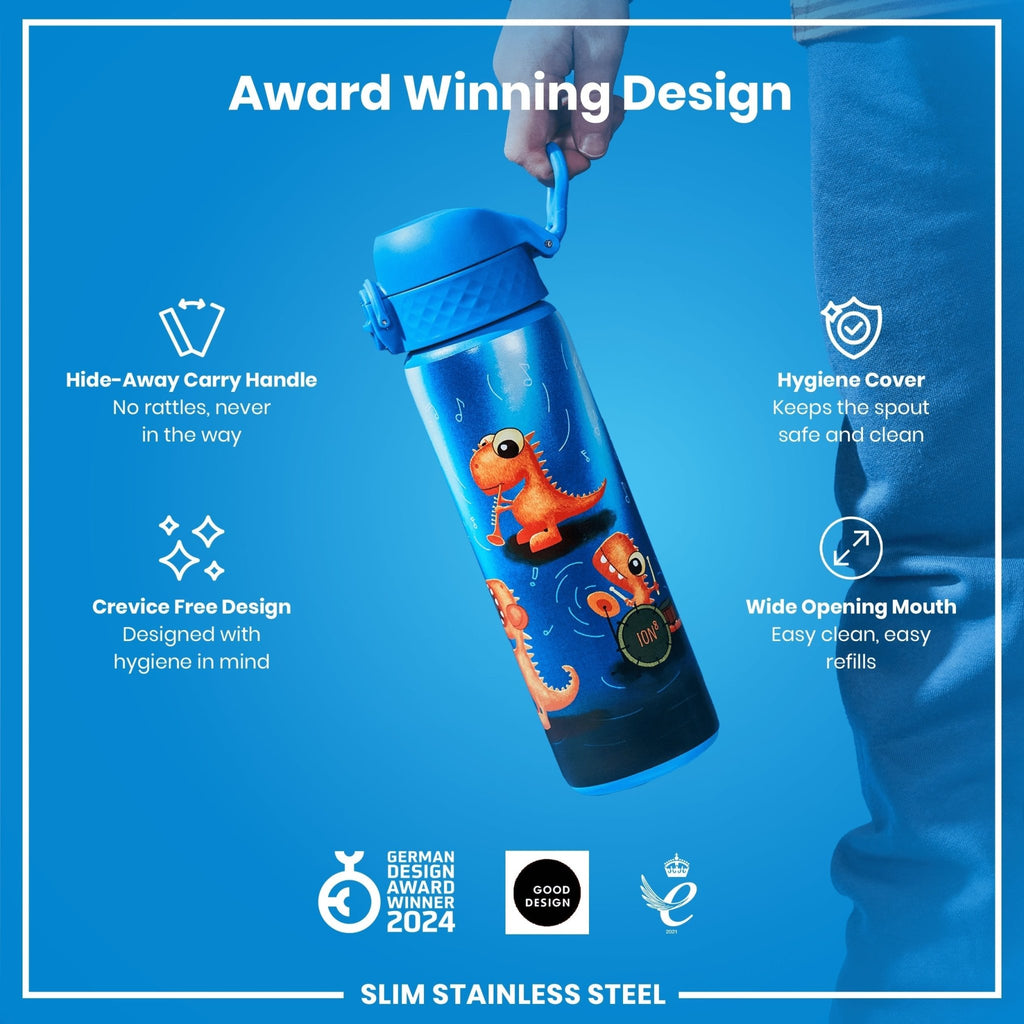 Ion8 leak-proof slim stainless steel water bottle with Dino Band, 600ml (20oz), showcasing its sleek design and durable construction.