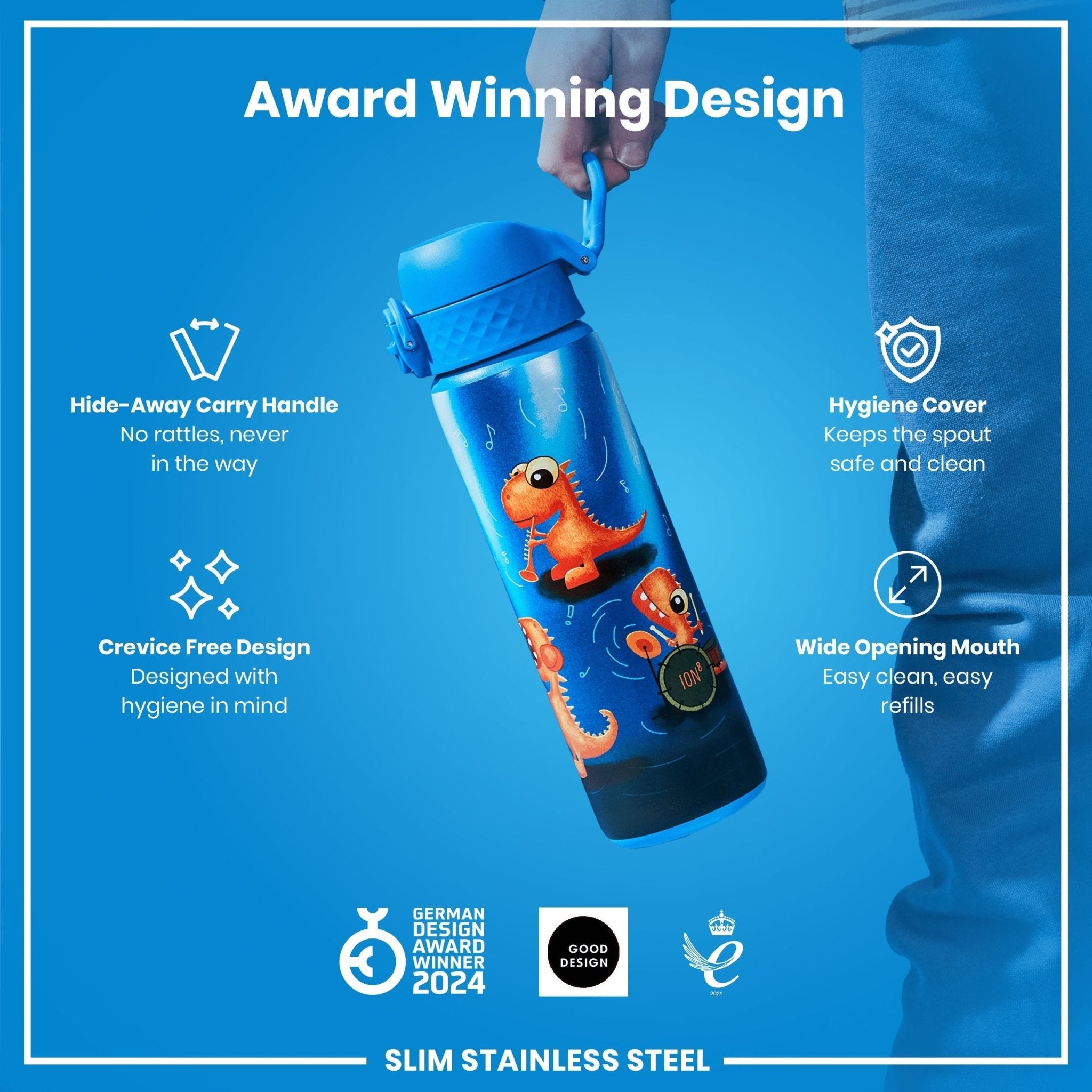 Ion8 leak-proof slim stainless steel water bottle with Dino Band, 600ml (20oz), showcasing its sleek design and durable construction.