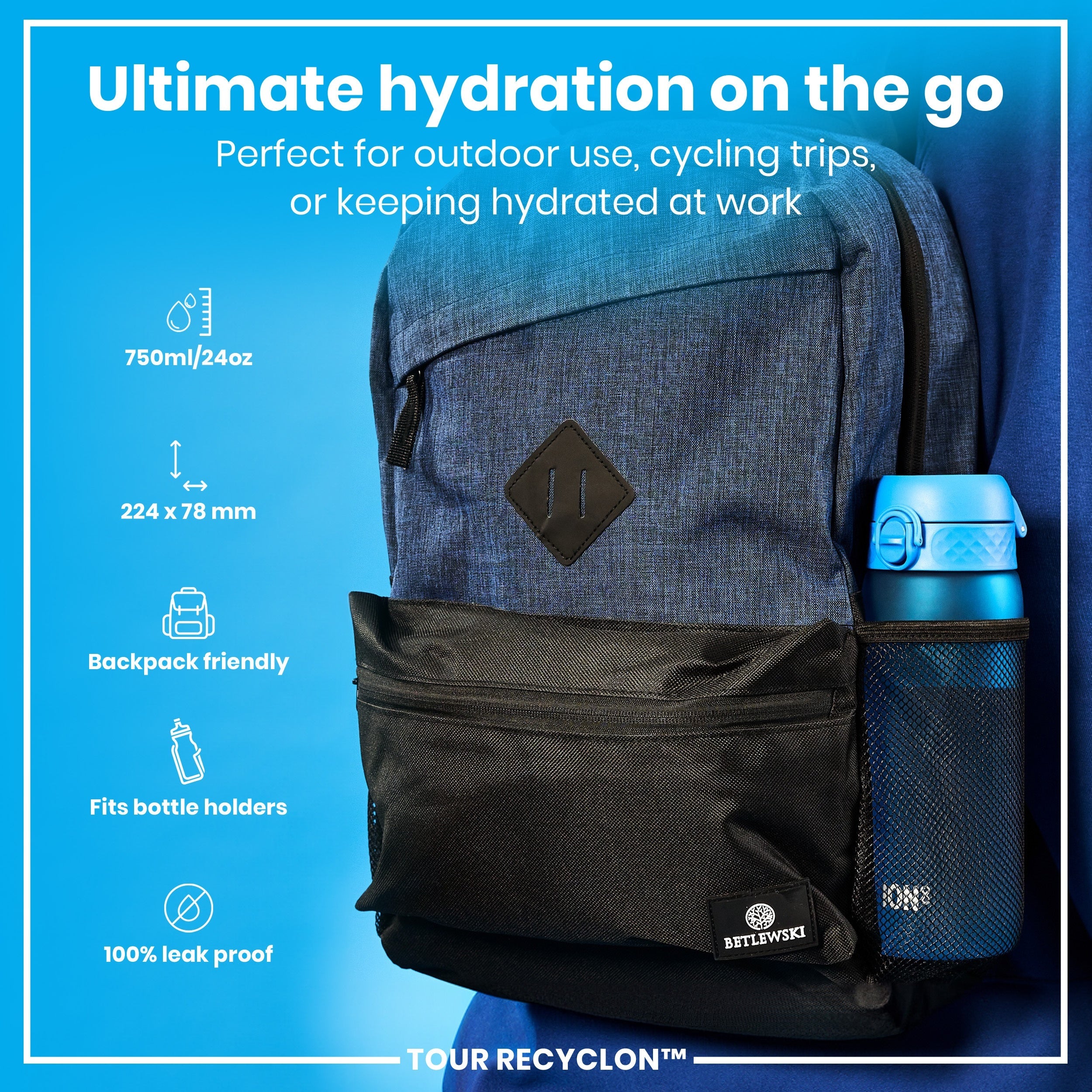 Blue Recyclon water bottle by ION8, 750ml capacity, with a sleek design and secure lid for hydration on the go.