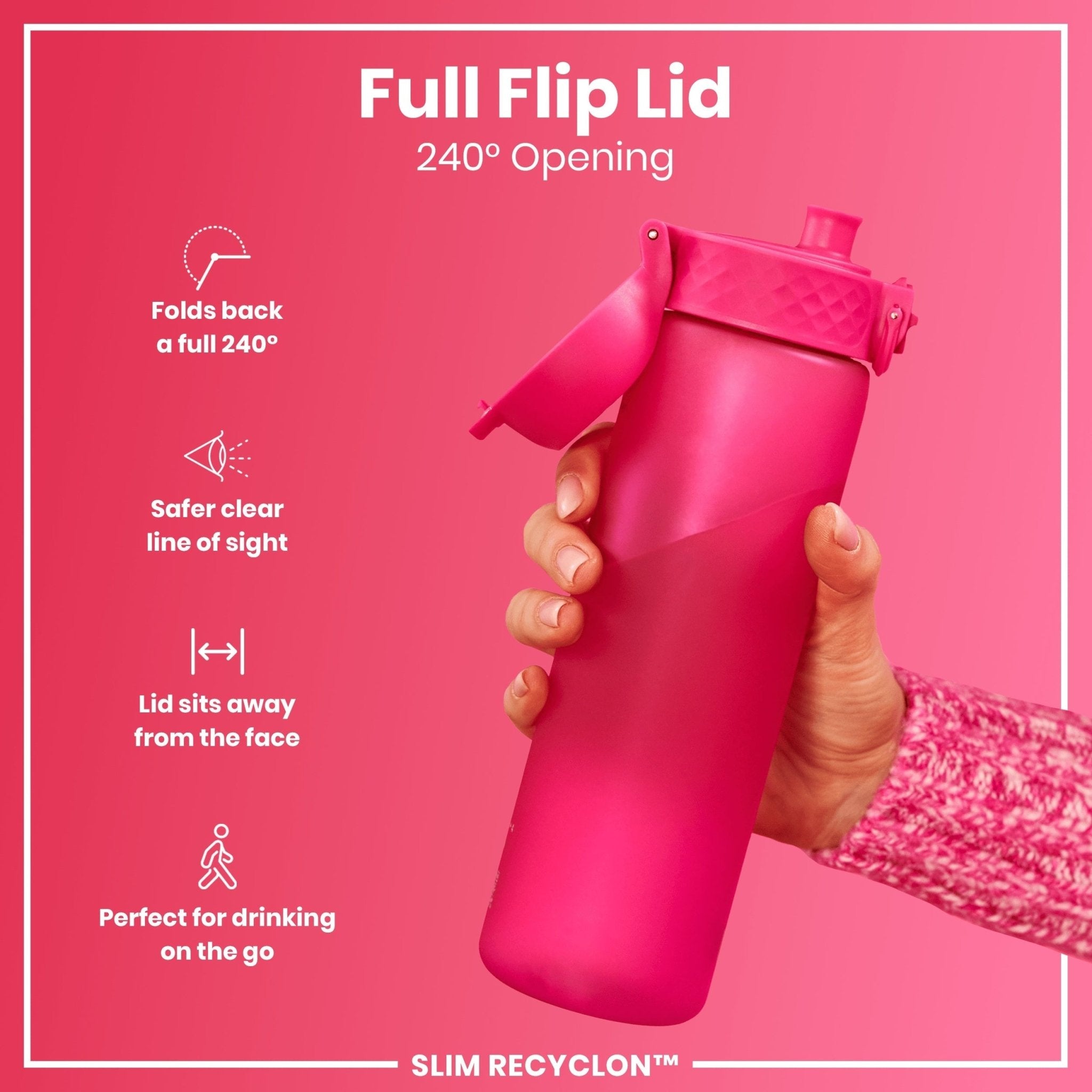 Pink 500ml Recyclon leak-proof slim water bottle by ION8, designed for easy portability and spill-proof hydration.