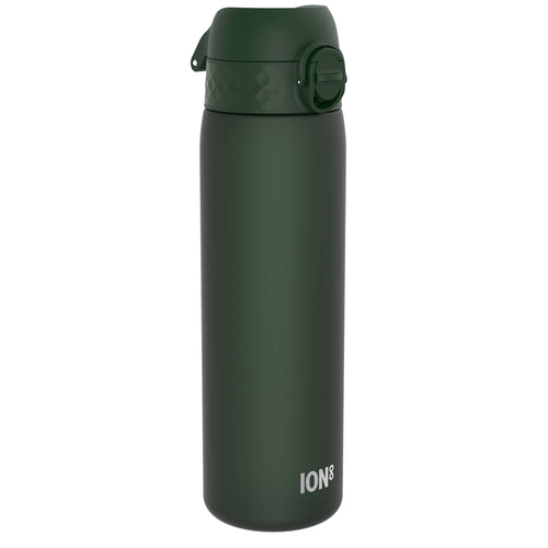 Dark green 500ml ION8 Leak Proof Slim Recyclon water bottle with a secure lid and compact design.