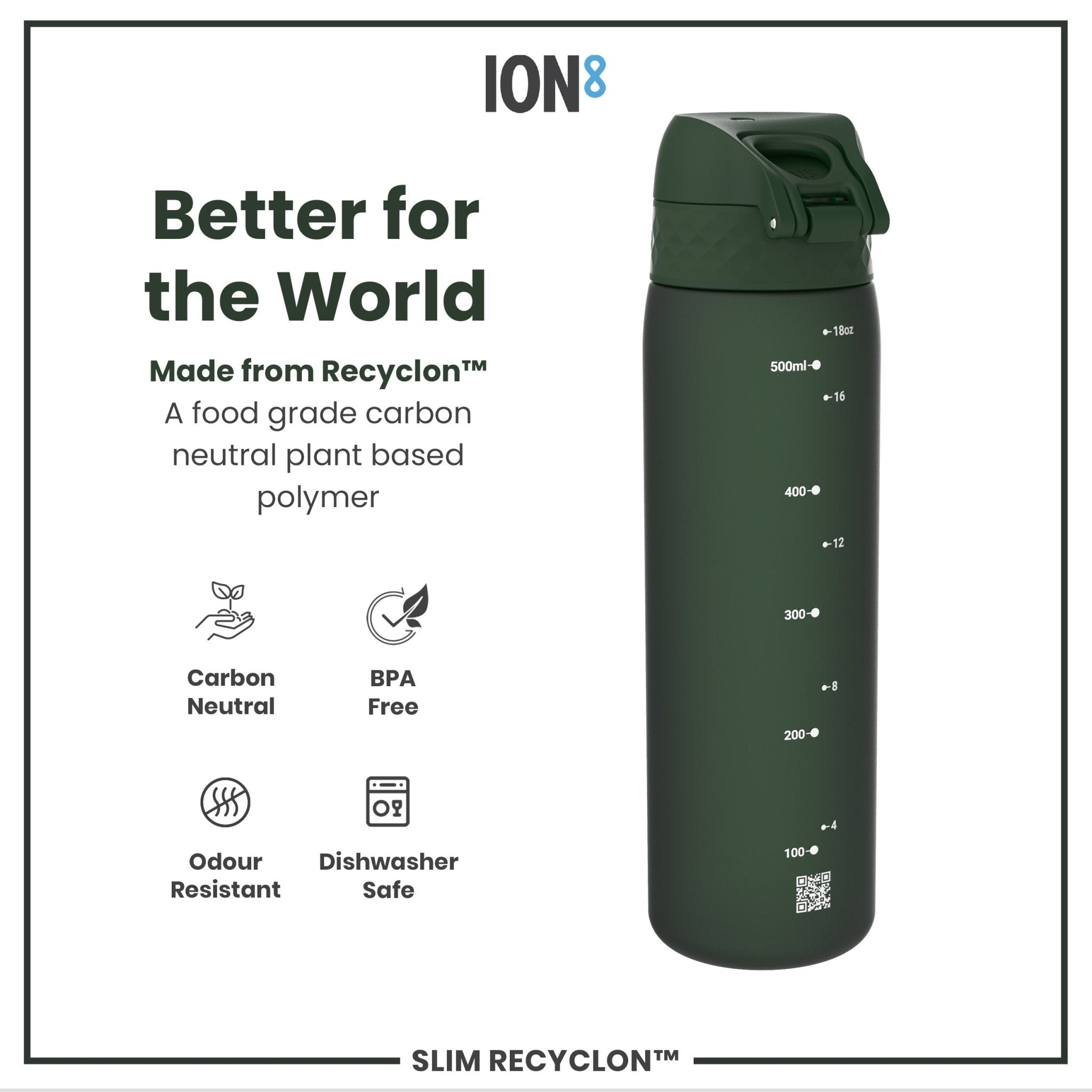 Recyclon Leak Proof Slim Water Bottle by ION8 in dark green, 500ml (18oz), featuring a sleek design and secure lid.