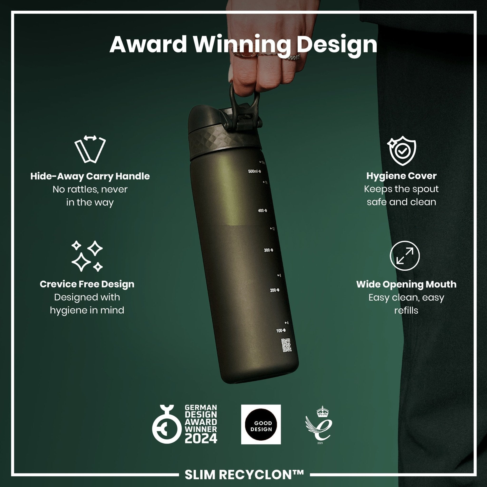 Dark green 500ml ION8 Recyclon leak-proof slim water bottle, made of recyclable material, shown with a sleek design.