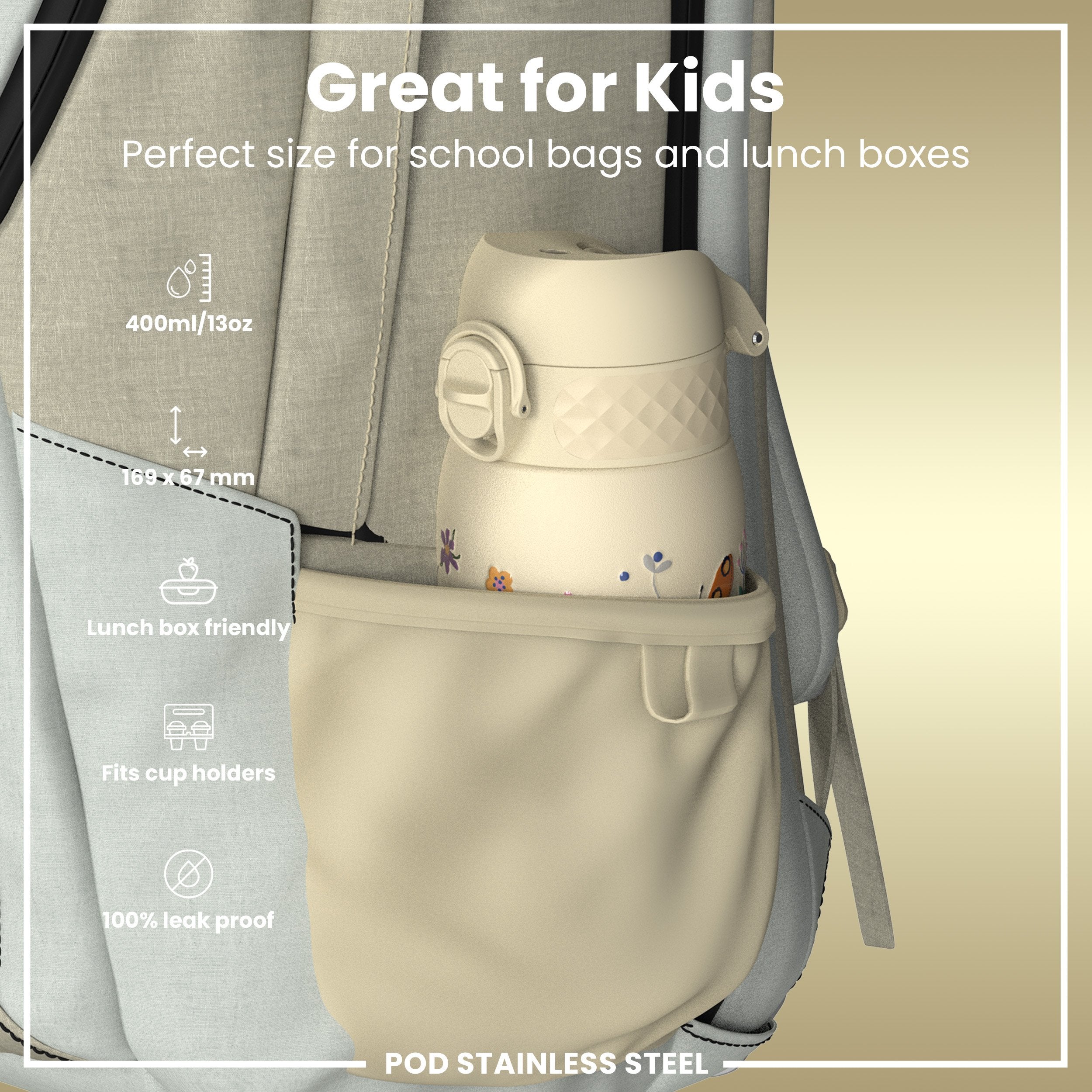 Leak-proof ION8 stainless steel kids water bottle with Bugs Life design, 400ml capacity, durable and leak-proof for children.