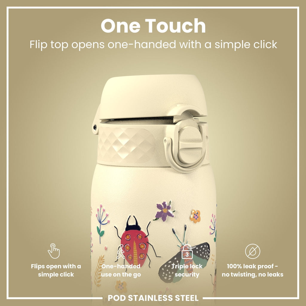 Ion8 leak-proof kids stainless steel water bottle with Bugs Life design, 400ml capacity, durable and child-friendly.
