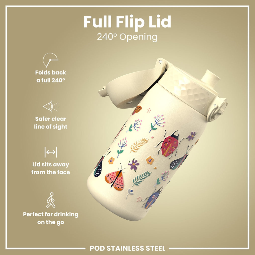 ION8 Leak Proof Kids Water Bottle, stainless steel with Bugs Life design, 400ml capacity, durable and portable for children.