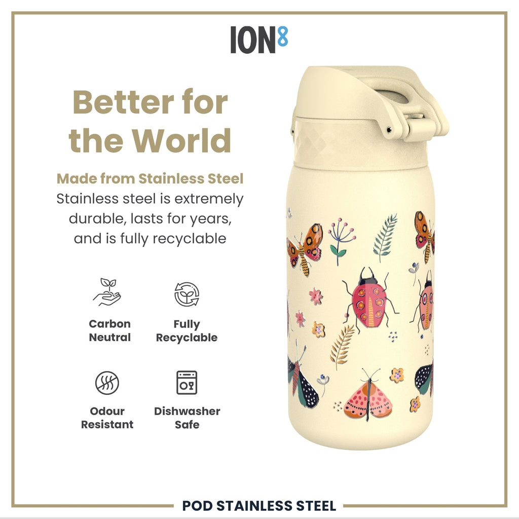 Ion8 leak-proof kids water bottle with Bugs Life design, 400ml stainless steel steel water bottle for children, durable and safe.