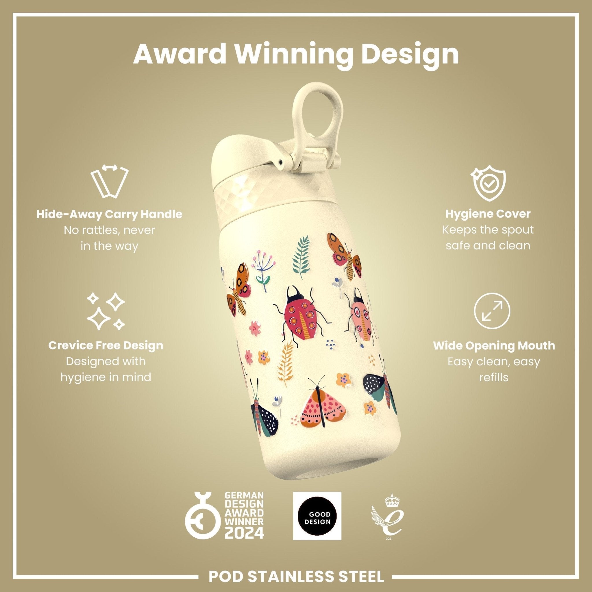 Ion8 leak-proof kids water bottle in stainless steel with bugs life design, 400ml capacity, durable and spill-proof for children.