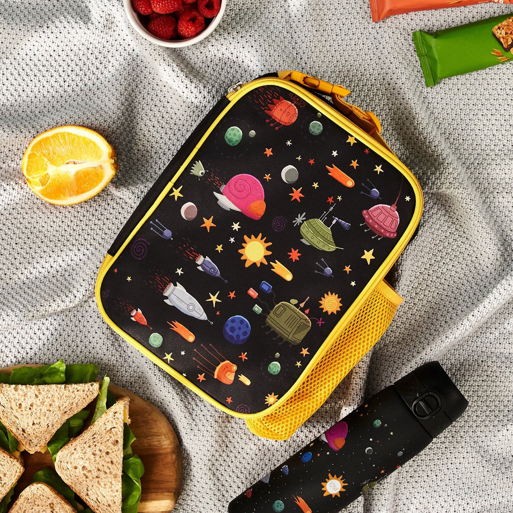 Insulated kids lunch bag with spaceship design from ION8, medium size, featuring a colorful space-themed pattern for children.