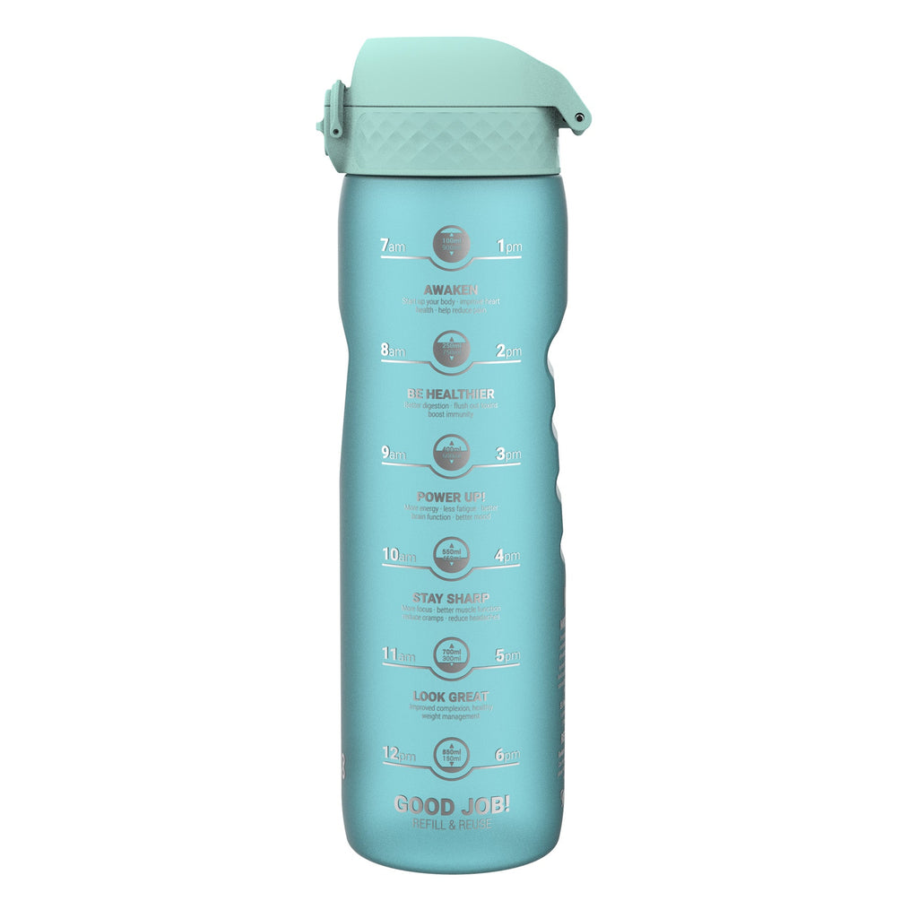 ION8 Recyclon 1L leak-proof water bottle with time markers in Sonic Blue, made for easy hydration on the go.