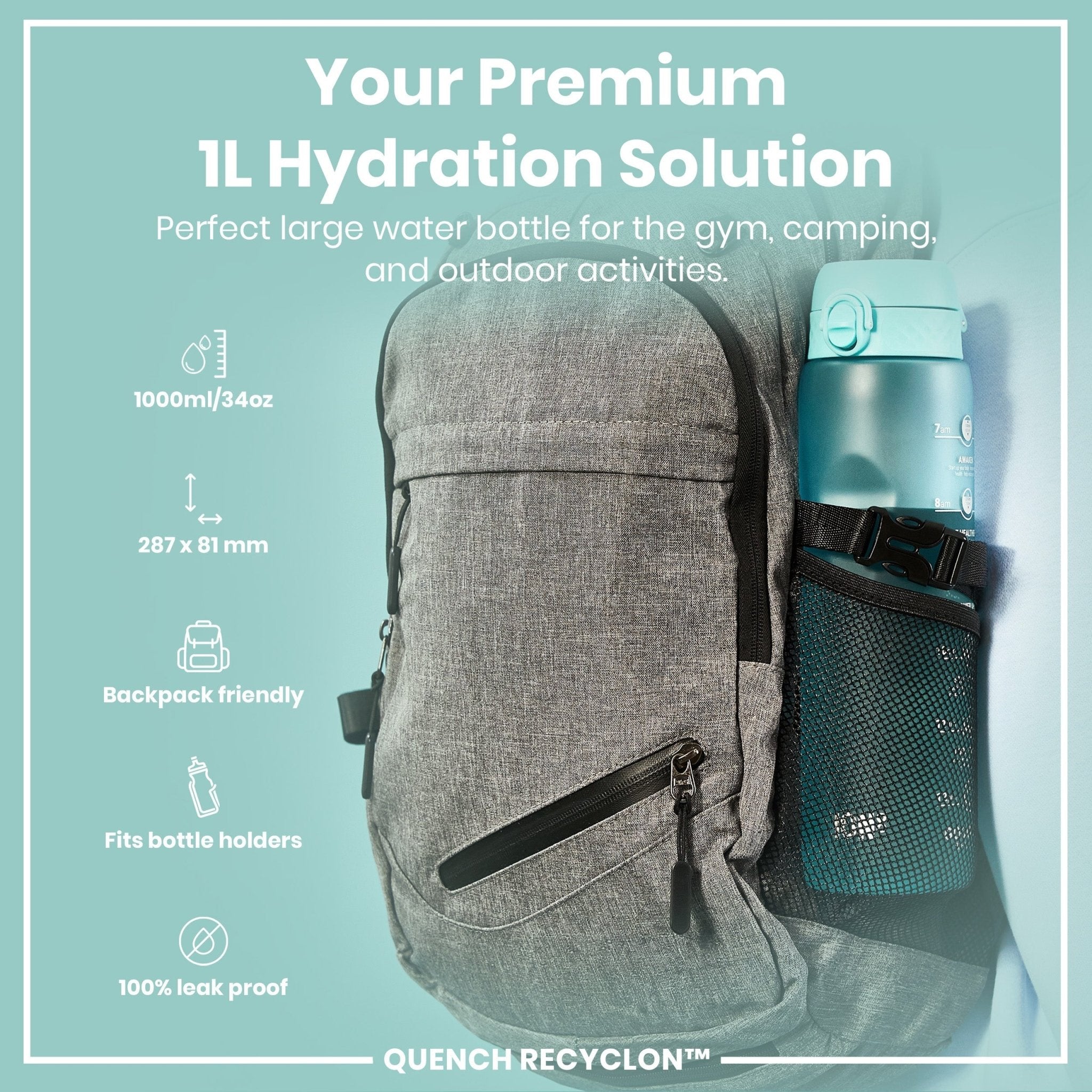 Ion8 Recyclon 1L water bottle in Sonic Blue with time markers, leak-proof design, and recyclable materials.