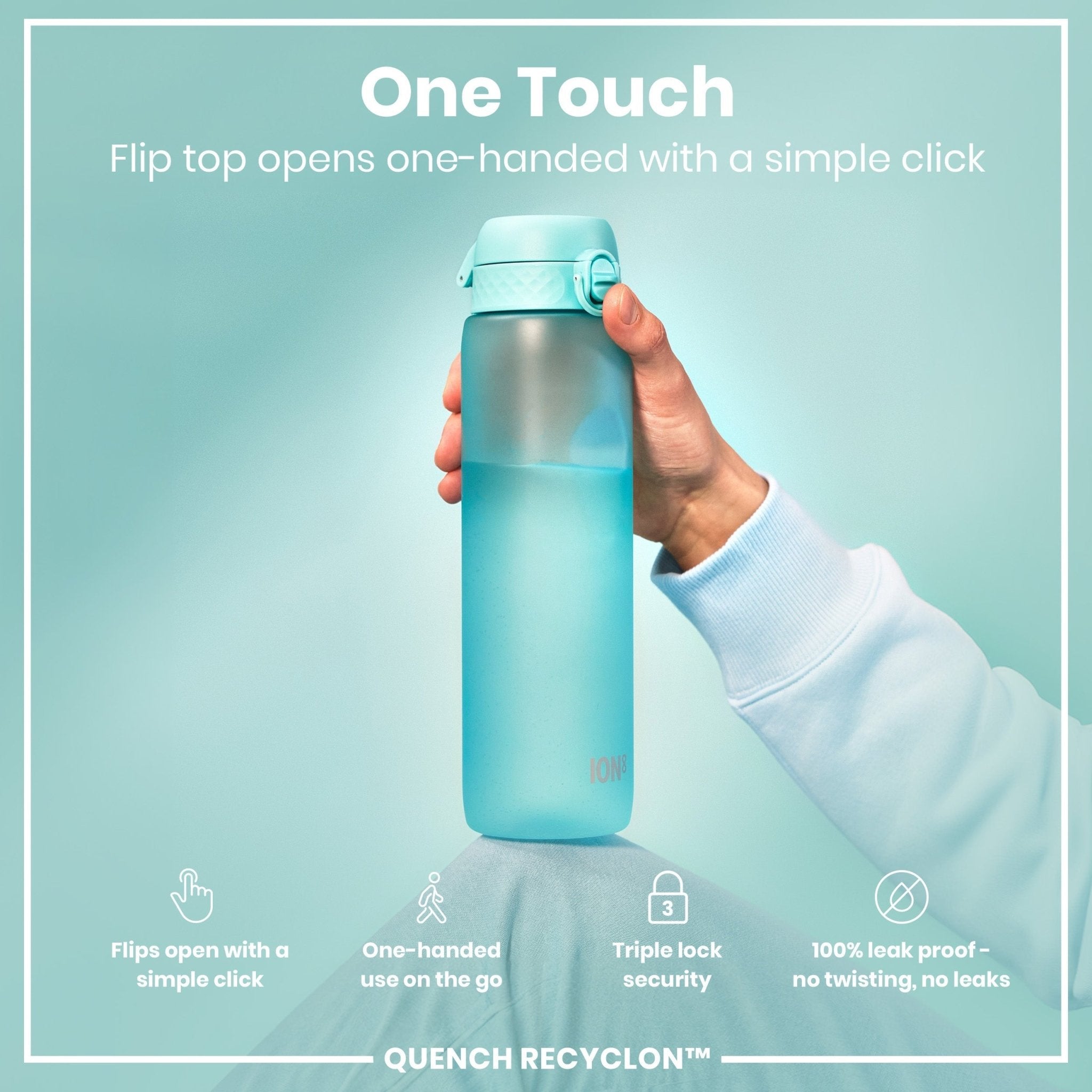 ION8 Recyclon 1L water bottle with time markers, leak-proof design, and blue color, ideal for staying hydrated throughout the day.
