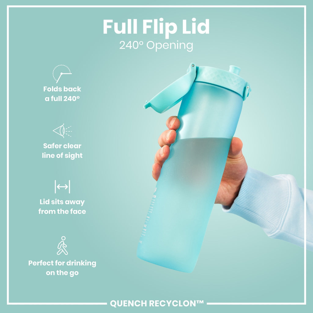 Ion8 Recyclon 1L leak-proof water bottle with time markers in Sonic Blue, designed for easy hydration throughout the day.