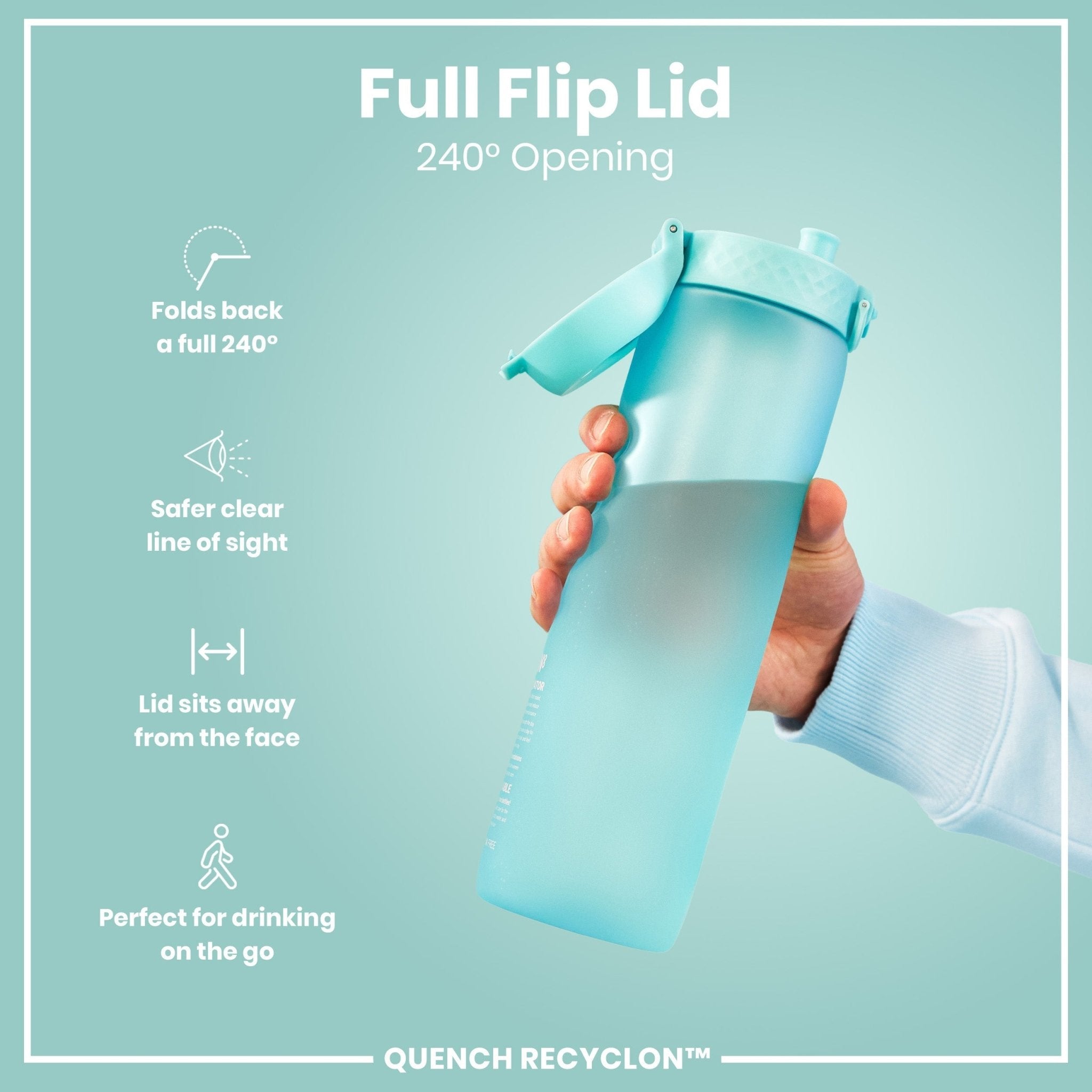 Ion8 Recyclon 1L leak-proof water bottle with time markers in Sonic Blue, designed for easy hydration throughout the day.