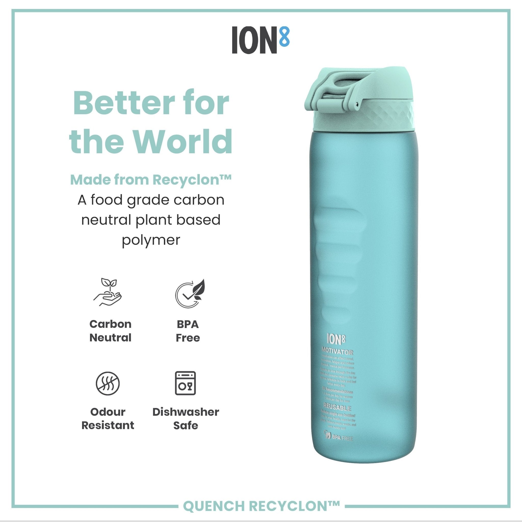Ion8 Recyclon 1L water bottle in Sonic Blue with time markers for hydration, leak-proof design, and recyclable material.