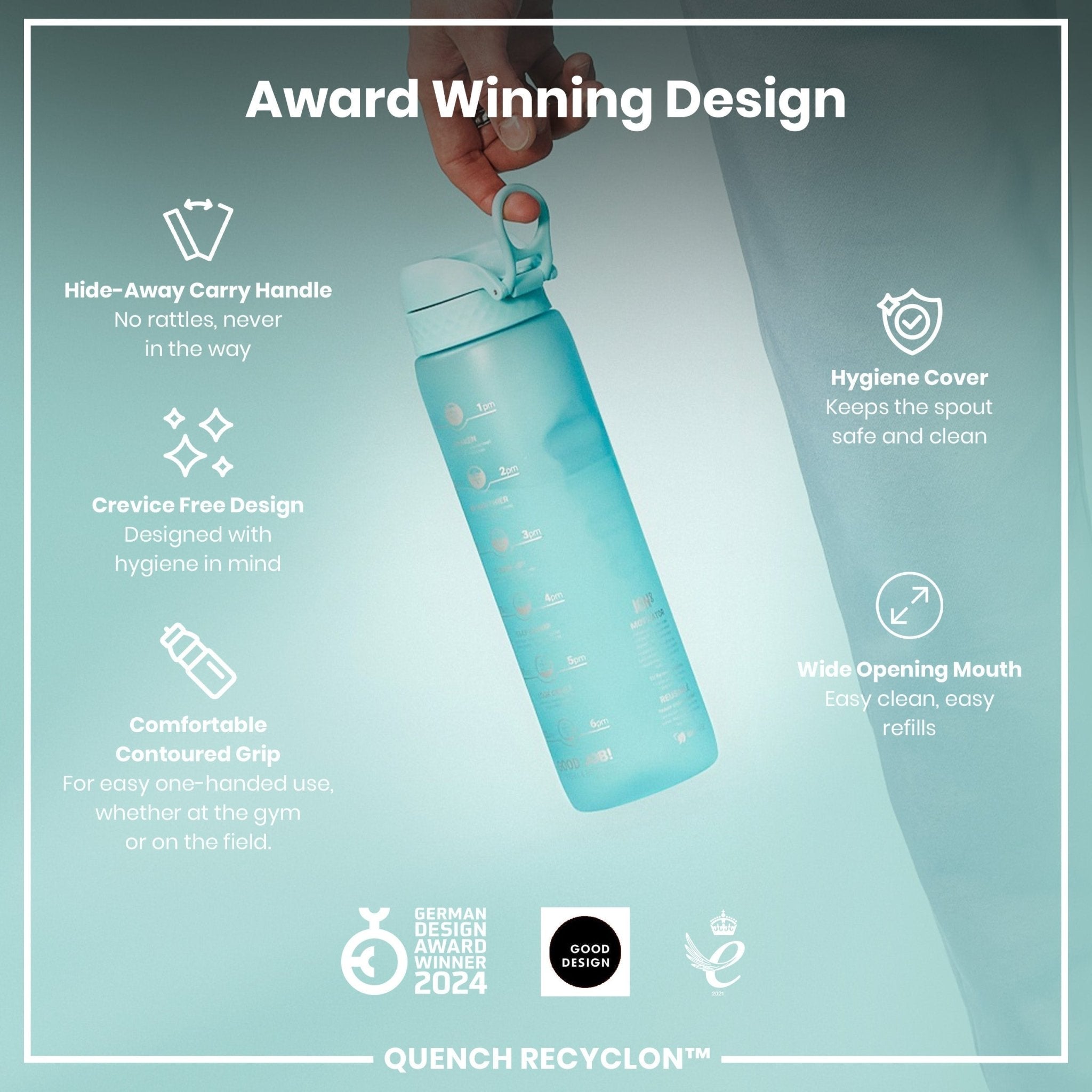 Ion8 Recyclon 1L water bottle in Sonic Blue with leak-proof design and time markers for hydration tracking.