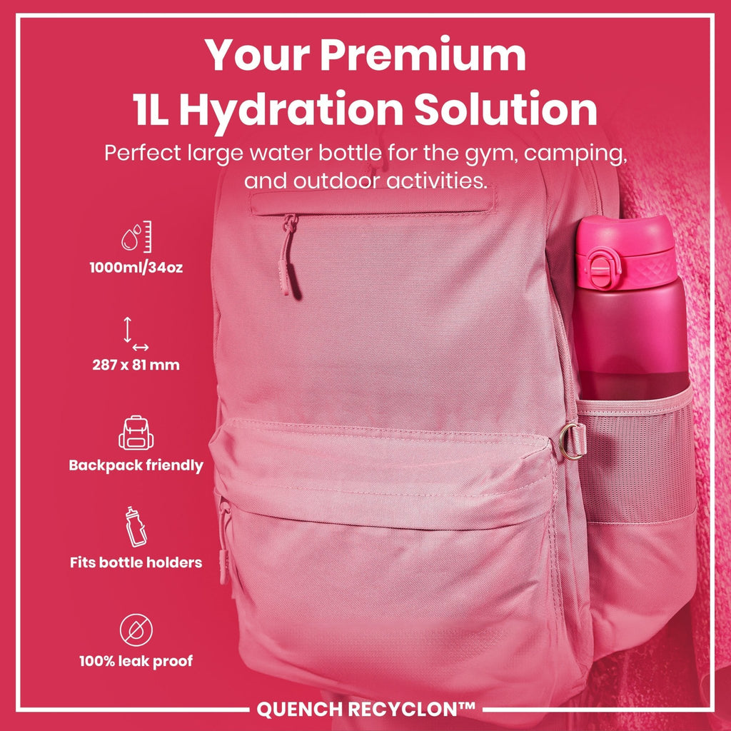 Pink ION8 Recyclon leak-proof 1-liter water bottle with a secure lid, designed for durable, eco-friendly hydration.