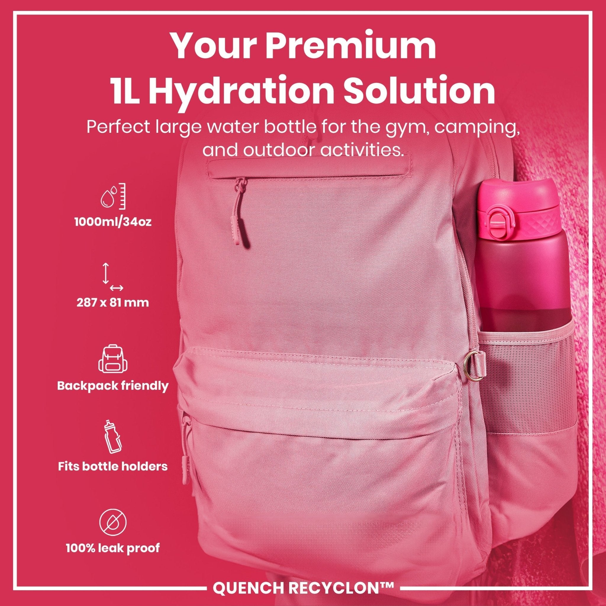 Pink ION8 Recyclon leak-proof 1-liter water bottle with a secure lid, designed for durable, eco-friendly hydration.