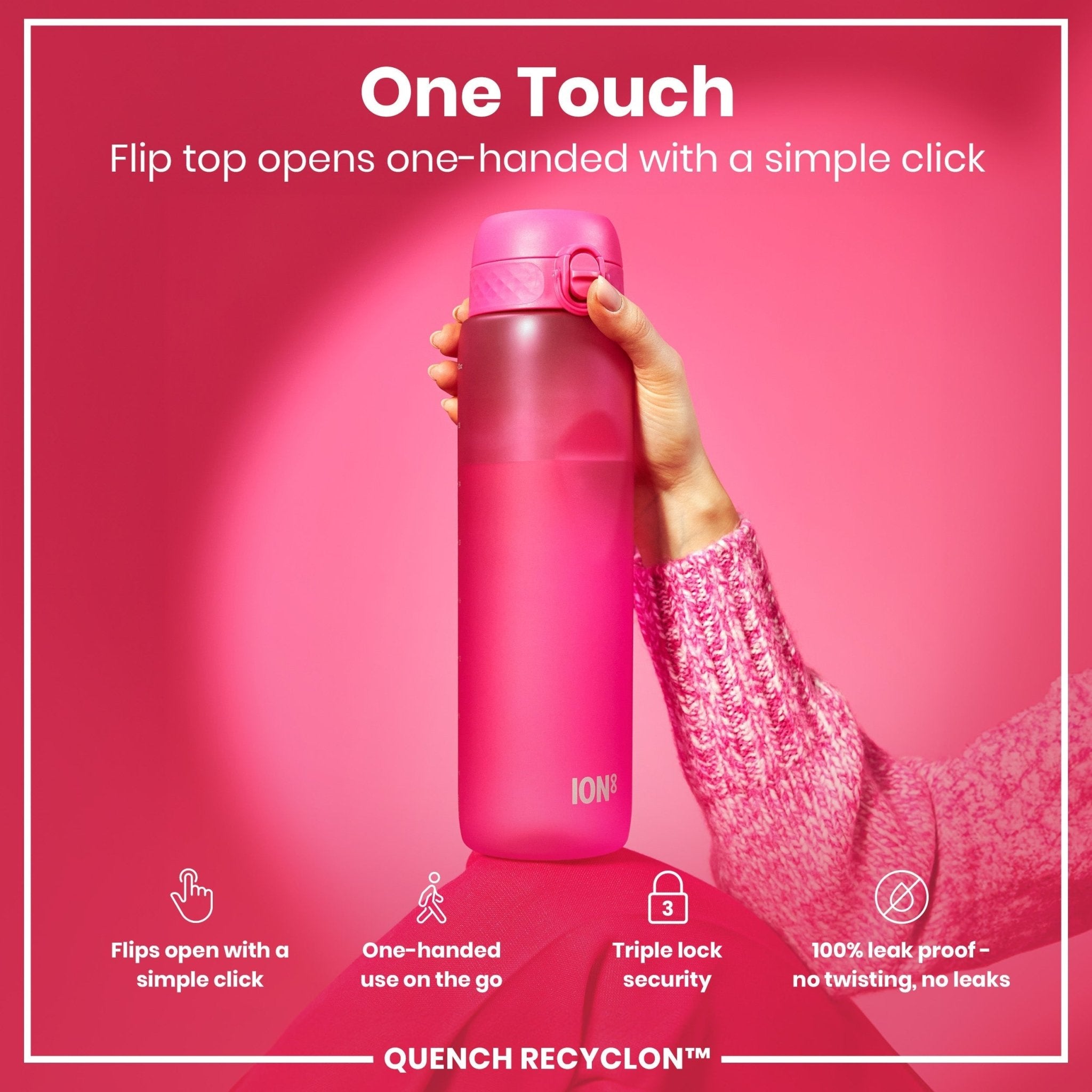 Ion8 Recyclon pink 1 litre leak-proof water bottle with secure lid and durable design for outdoor use