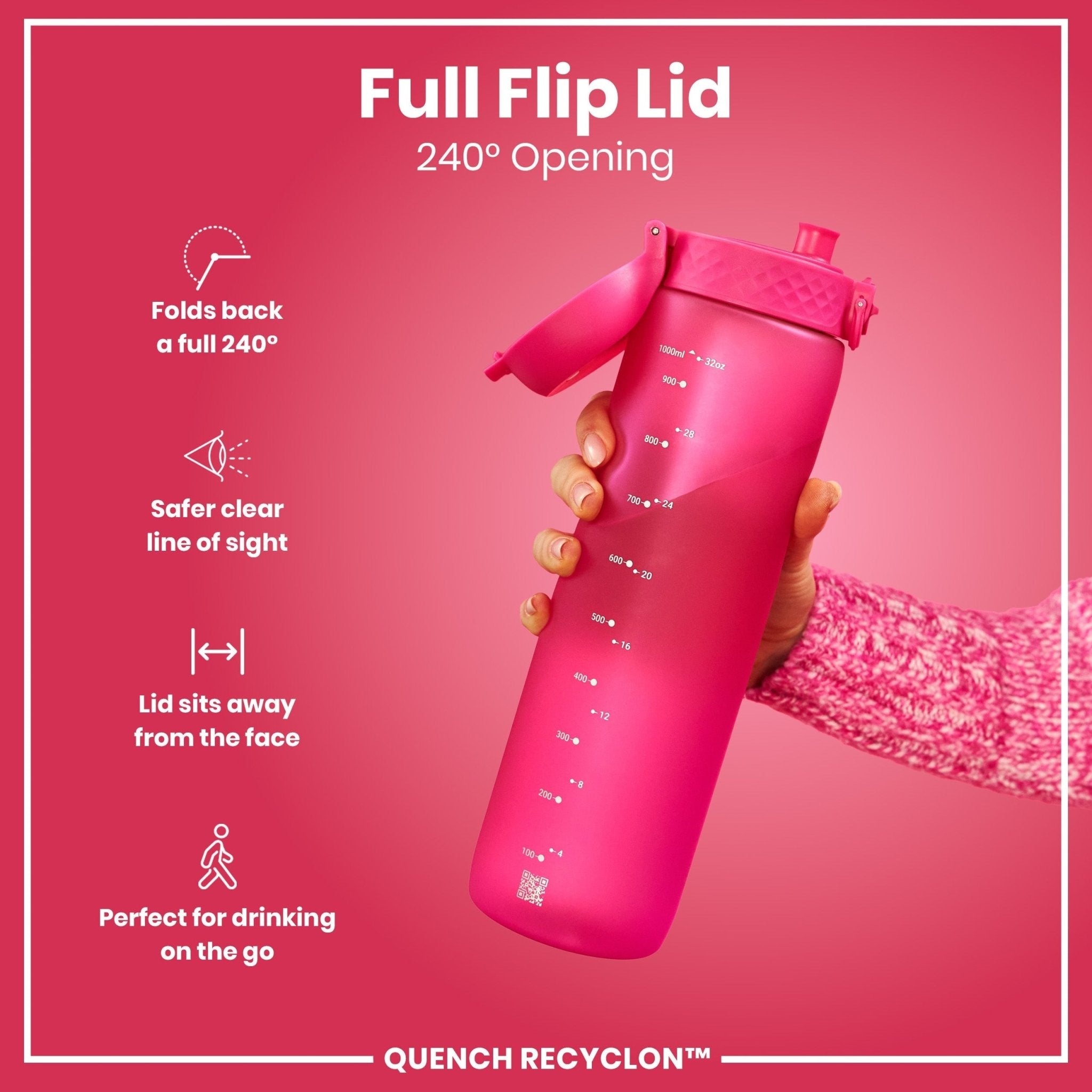 Pink ION8 Leak Proof 1-liter Recyclon Water Bottle with secure lid and durable design, ideal for staying hydrated on the go.