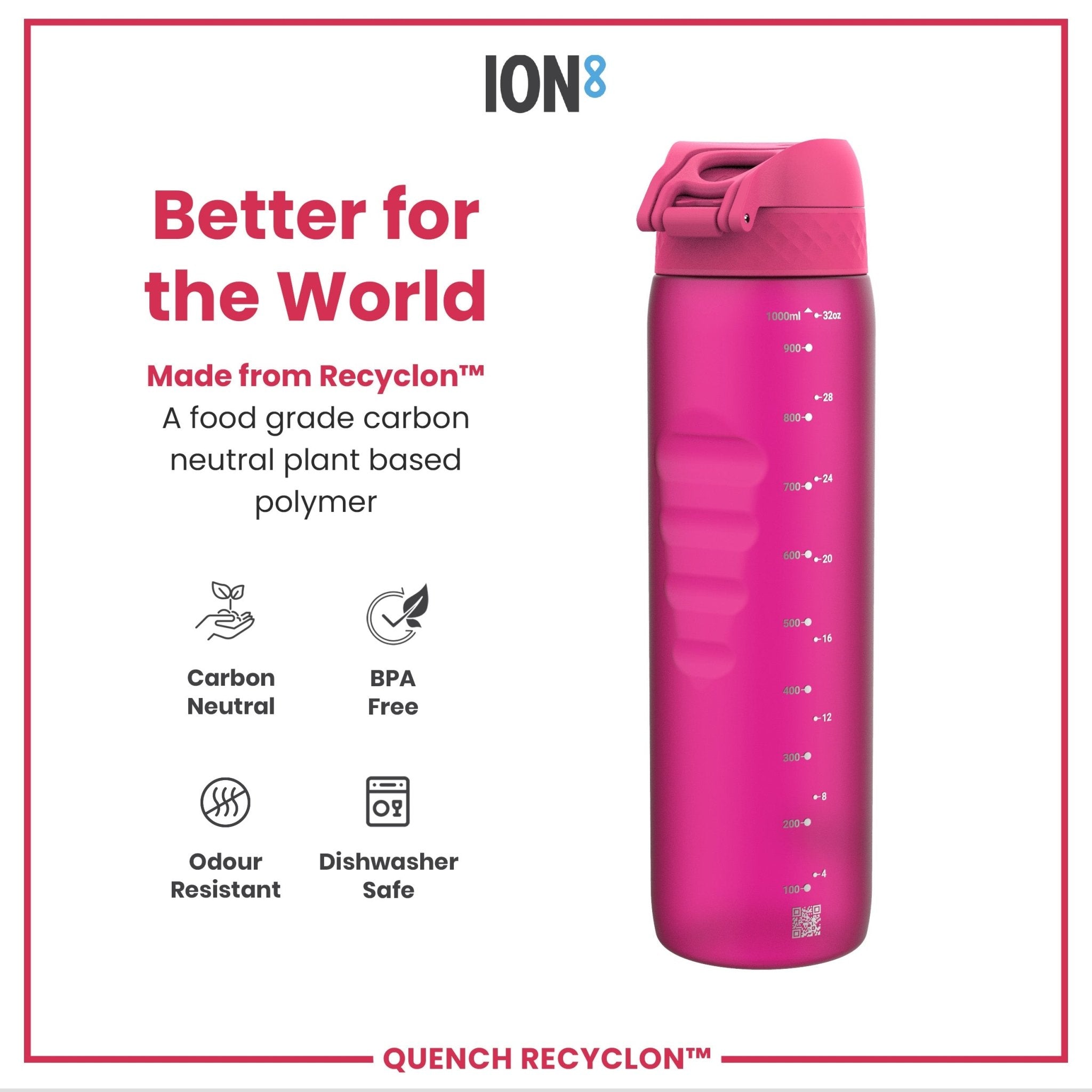 Pink 1-liter Recyclon water bottle by ION8, leak-proof plastic bottle with a secure lid, designed for durable hydration.