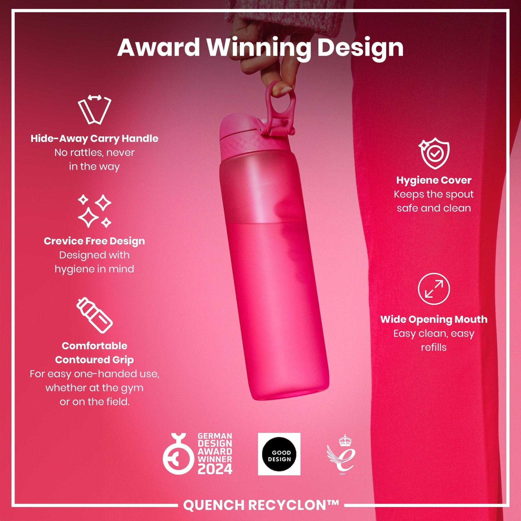 Pink ION8 Recyclon 1-liter leak-proof water bottle with a secure lid, designed for durable hydration.