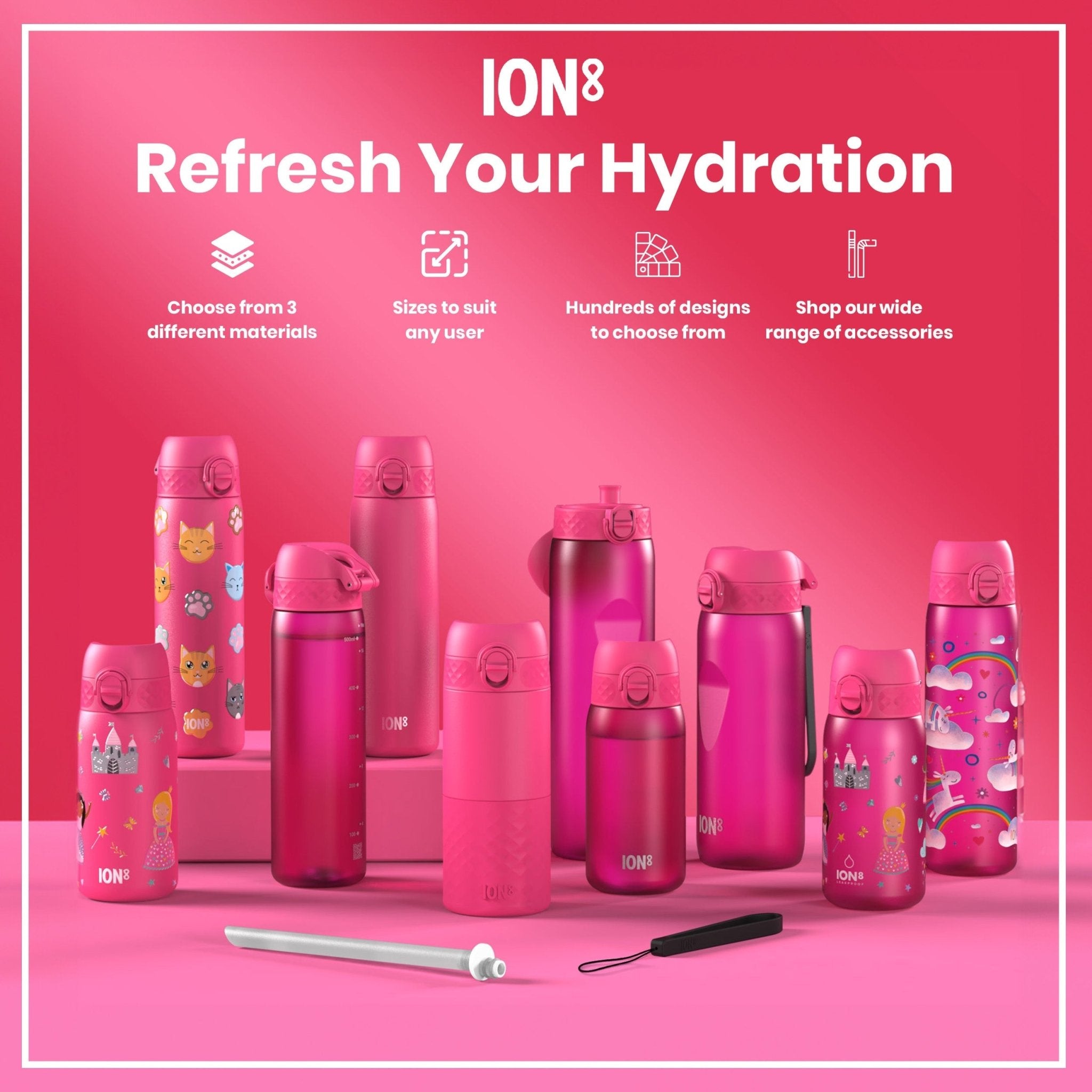 Pink 1-liter Recyclon water bottle by ION8, leak-proof plastic water bottle with secure lid and ergonomic design.