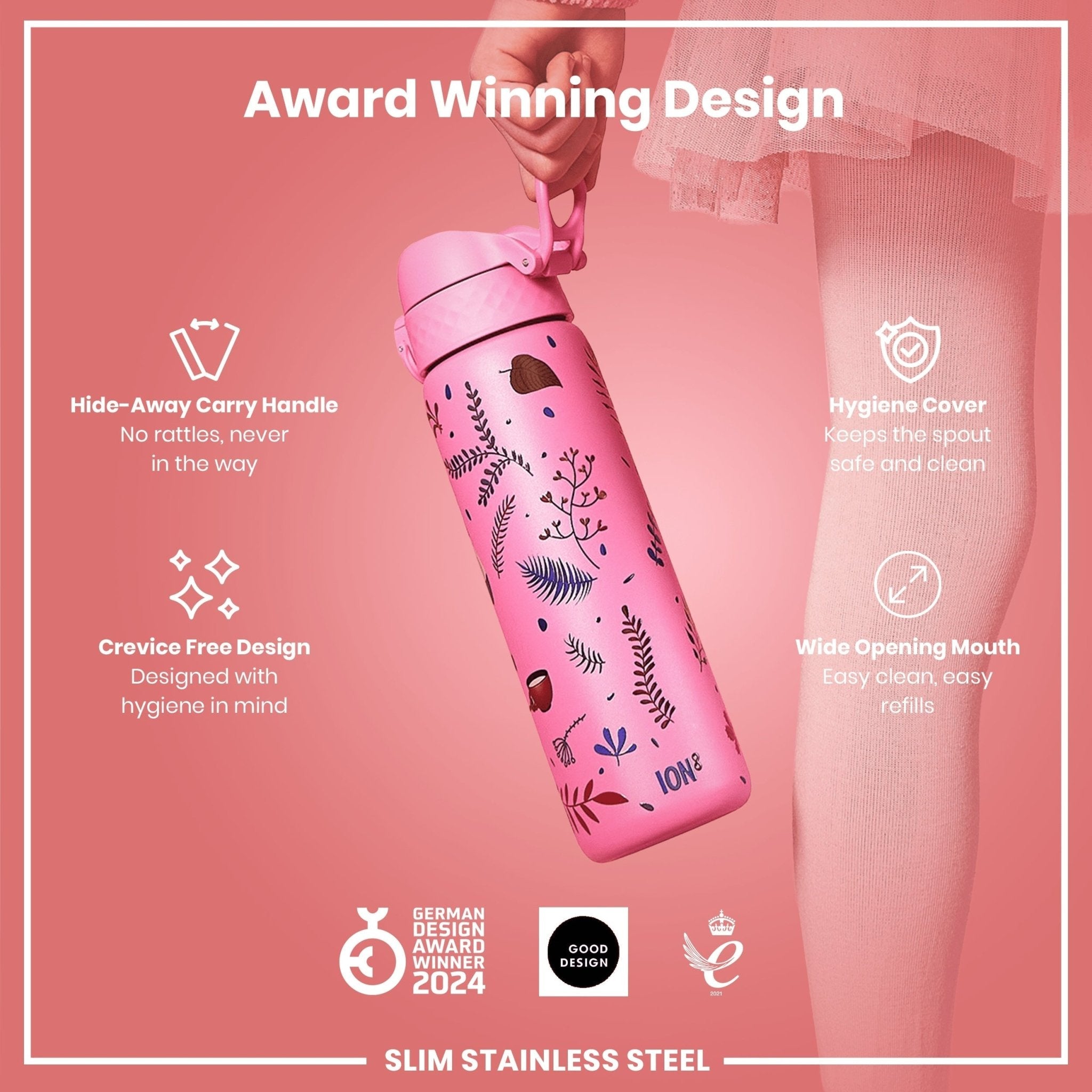 Ion8 leak-proof slim stainless steel water bottle with flamingo design, 600ml (20oz) capacity for stylish hydration.