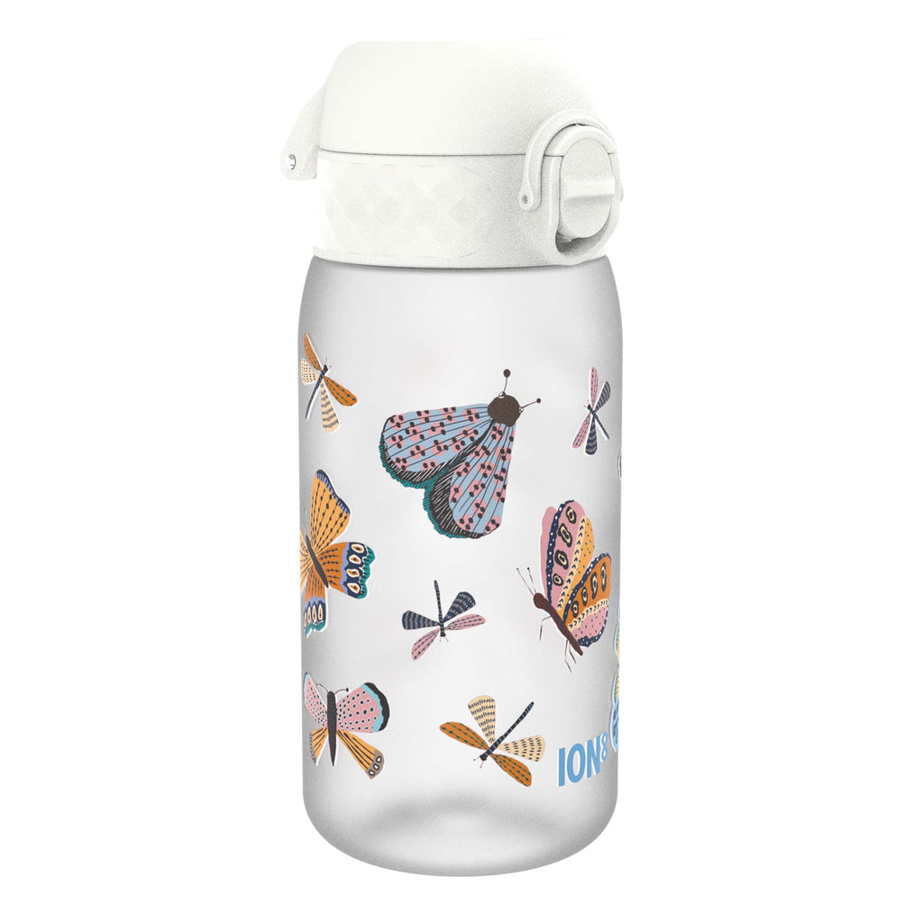 ION8 Recyclon leak-proof kids water bottle with butterfly design, 350ml (12oz), durable and eco-friendly for children.