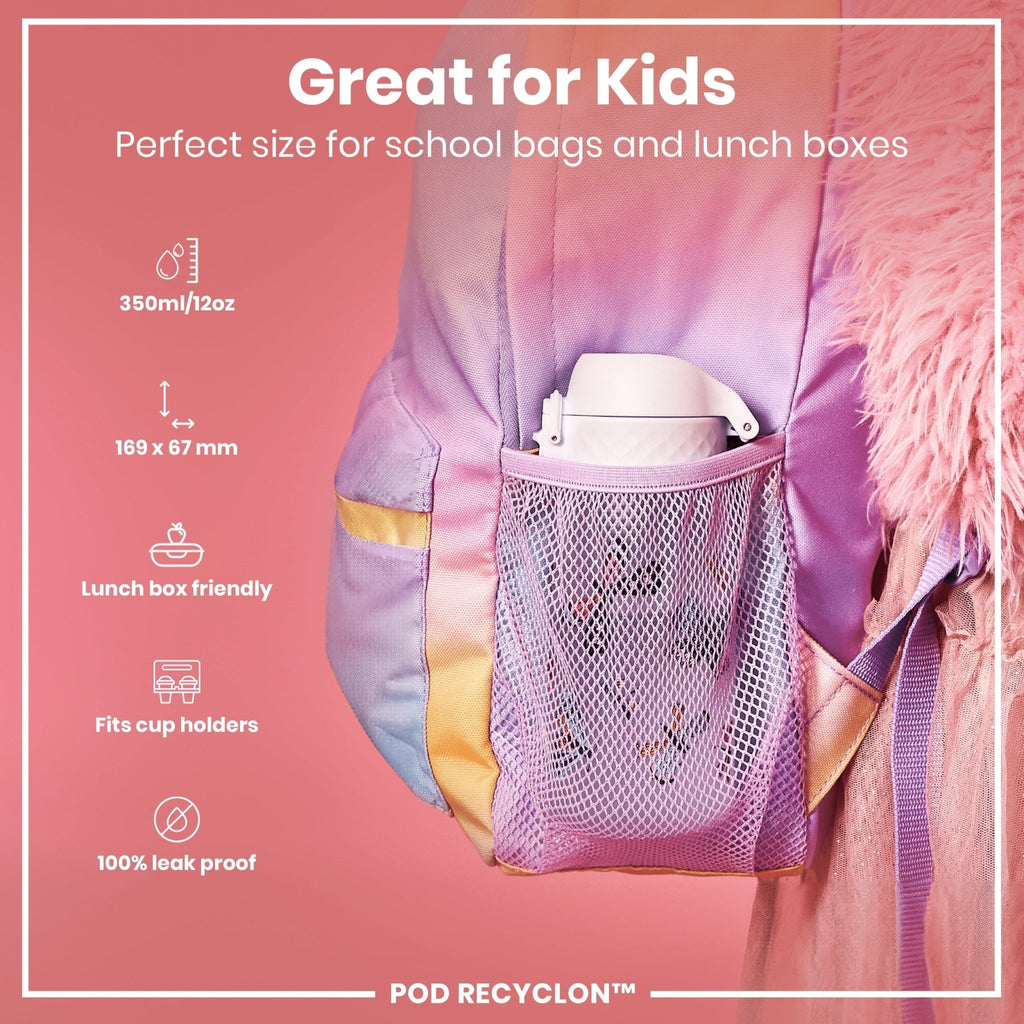 Recyclon ION8 leak-proof kids water bottle with butterfly design, 350ml capacity, made of durable, eco-friendly materials.