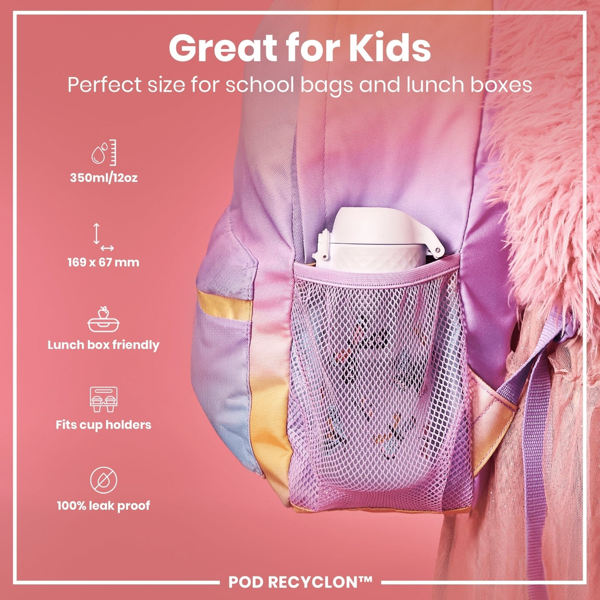 Recyclon ION8 leak-proof kids water bottle with butterfly design, 350ml capacity, made of durable, eco-friendly materials.