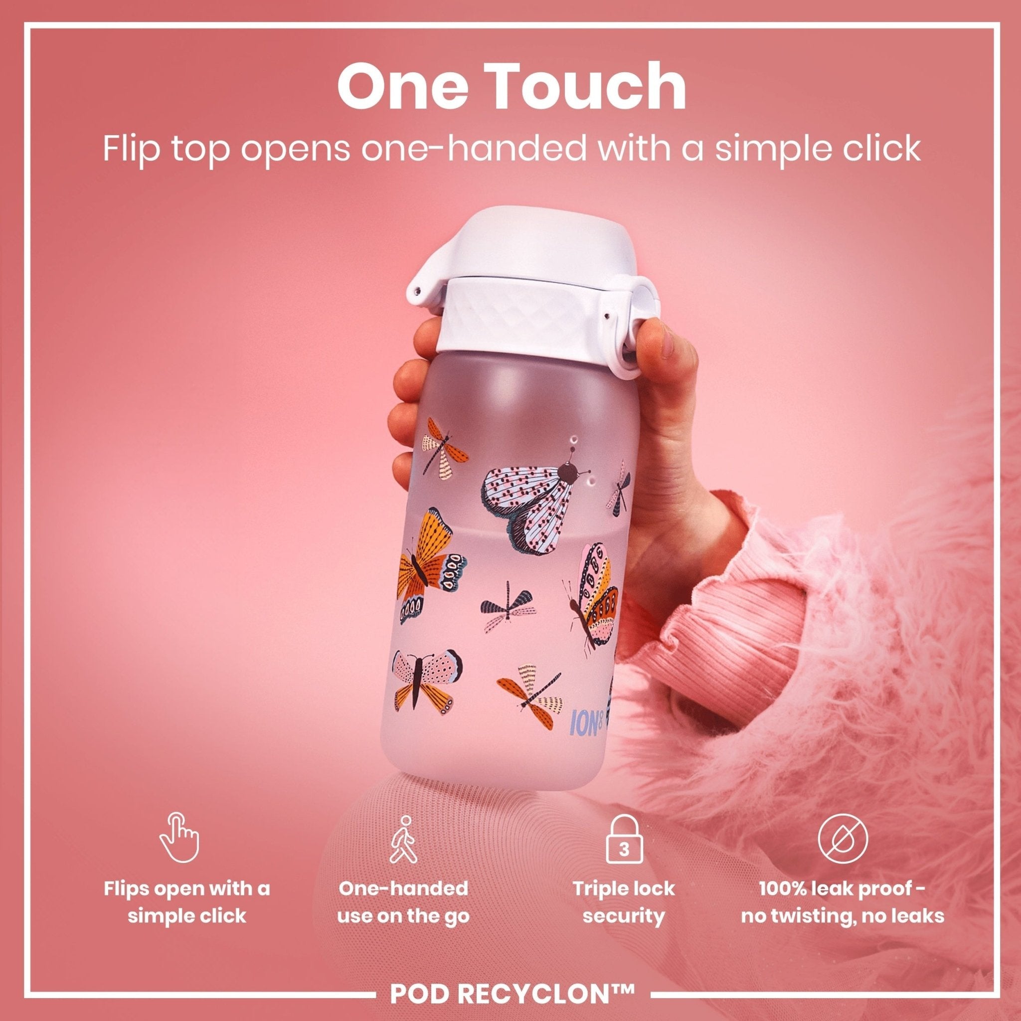 Ion8 Recyclon leak-proof kids water bottle with butterfly design, 350ml (12oz), made for children’s hydration.