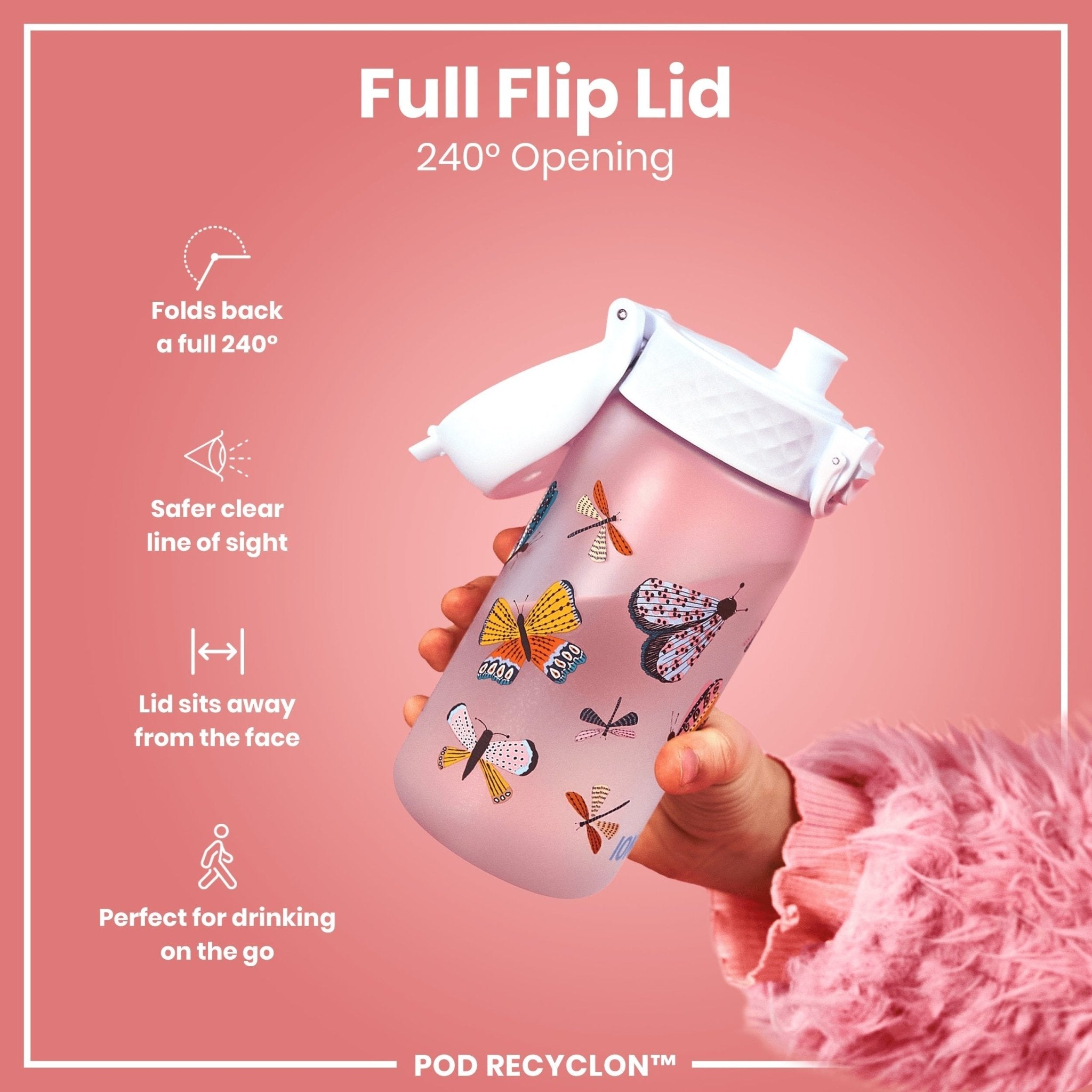 ION8 Recyclon leak-proof kids water bottle with butterfly design, 350ml (12oz) durable and recyclable for children.