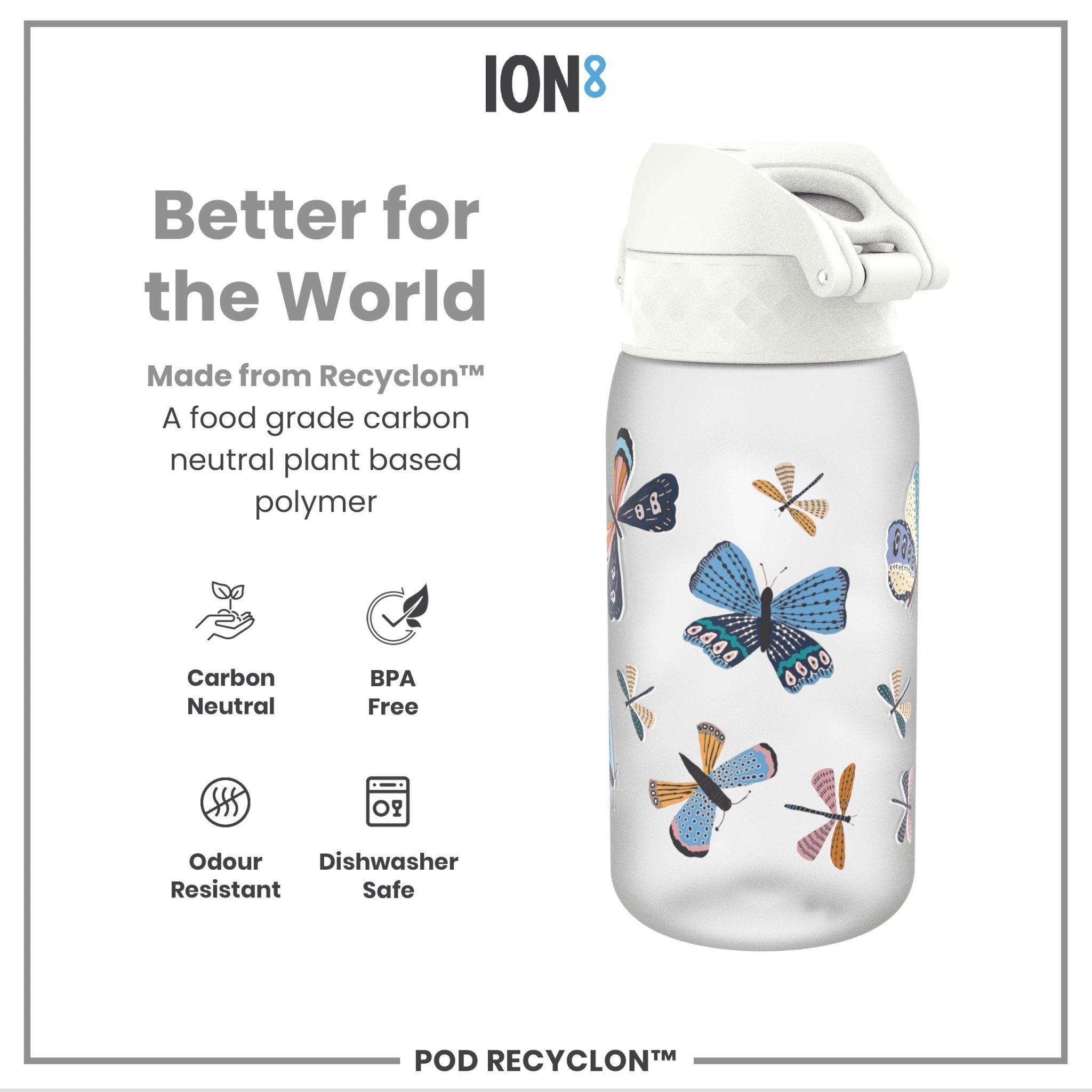 Recyclon kids' water bottle by ION8 with butterfly design, leak-proof 350ml (12oz) reusable water bottle for children.