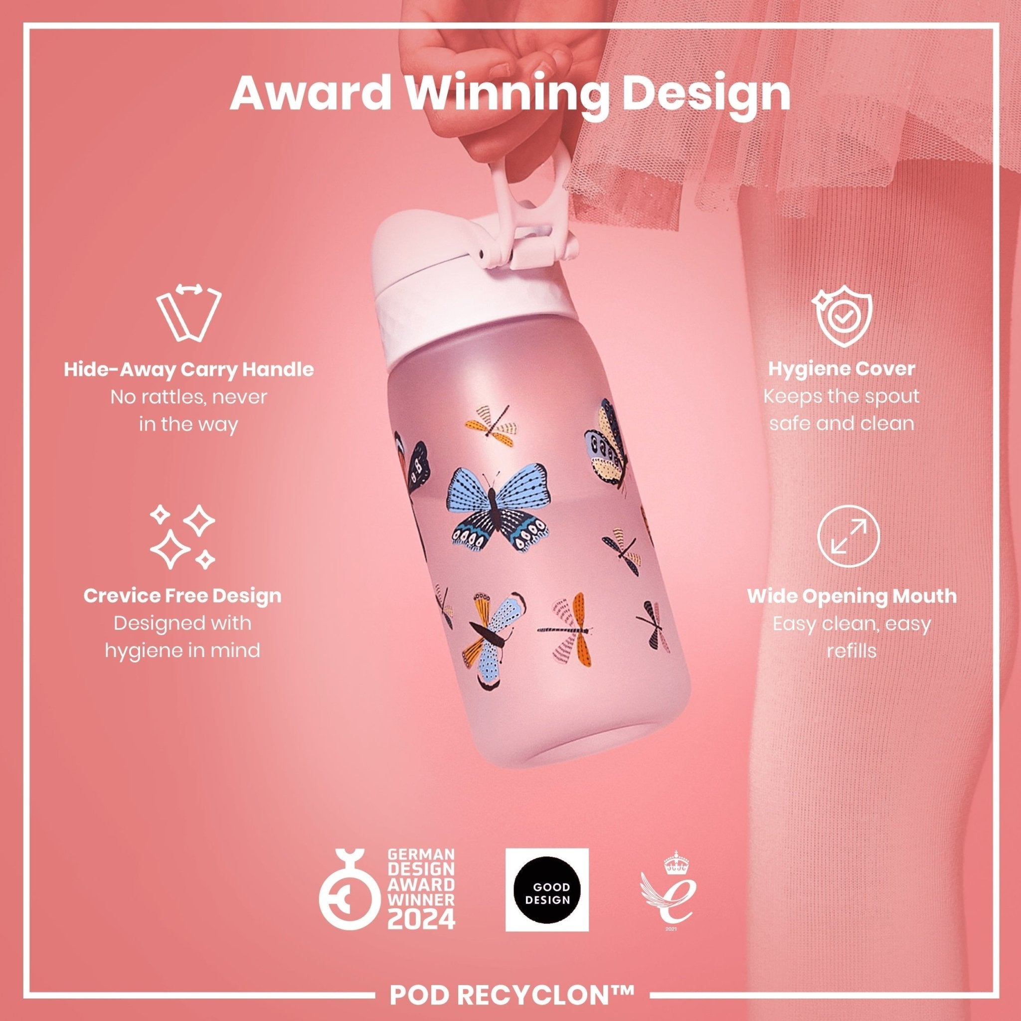 Recyclon leak-proof kids water bottle with butterfly design by ION8, 350ml (12oz), showcasing the colorful bottle and secure lid.