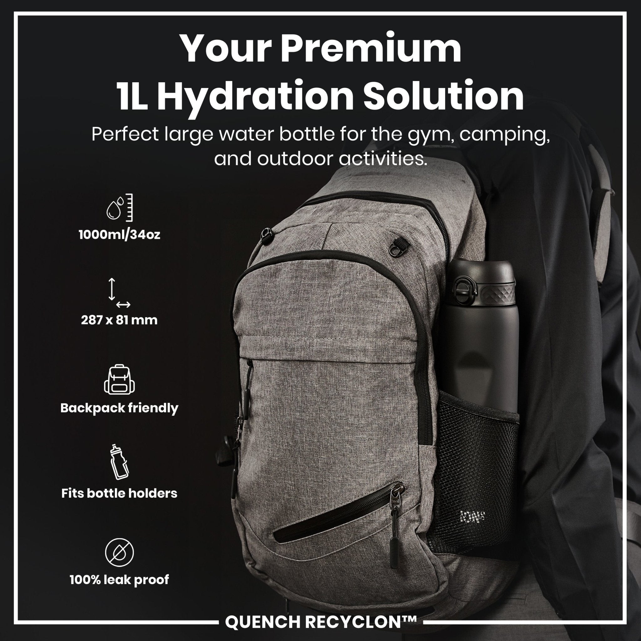 Black ION8 Recyclon 1-liter leak-proof water bottle with secure cap, designed for durability and eco-friendly hydration.