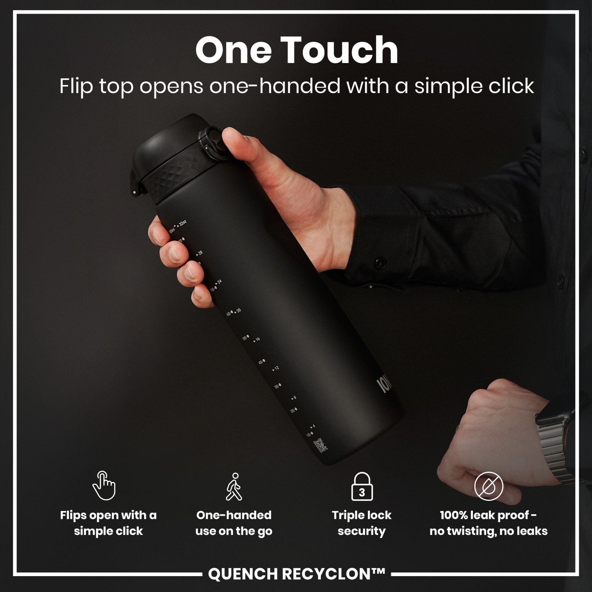 Black ION8 Recyclon leak-proof 1 liter water bottle with secure lid and clear measurement markings.