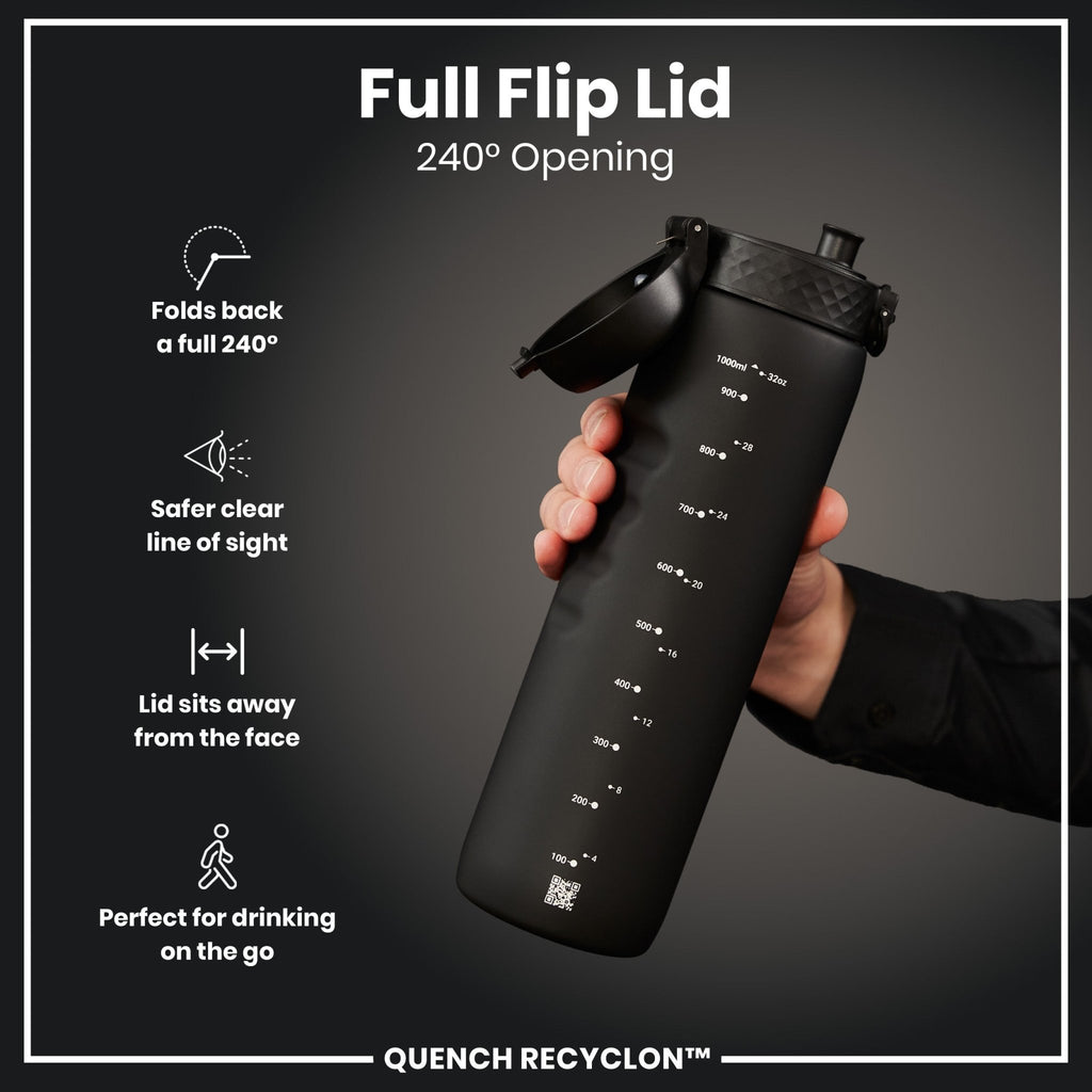 Black 1L Recyclon water bottle by ION8, leak-proof design with a durable, reusable plastic body for hydration on the go.