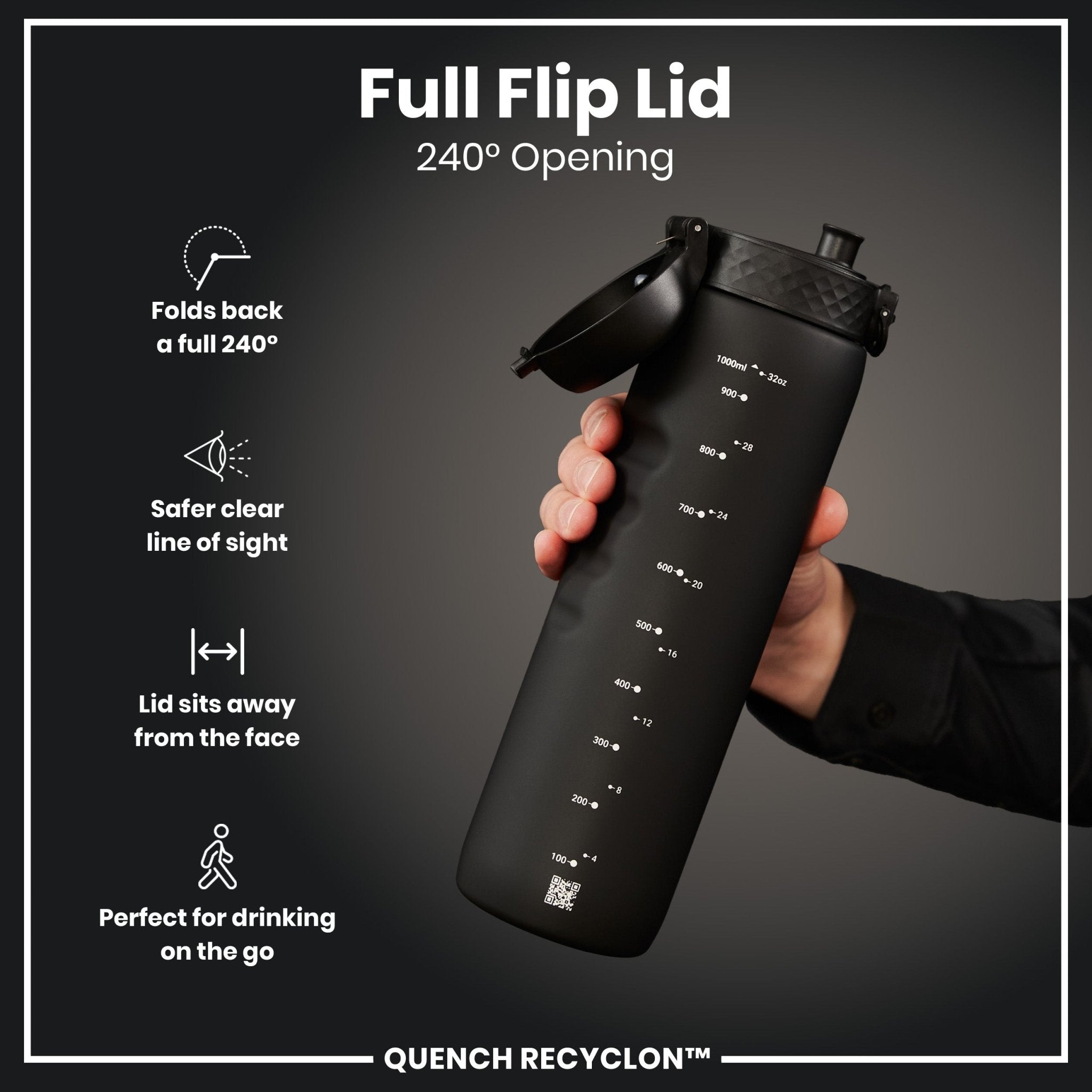 Black 1L Recyclon water bottle by ION8, leak-proof design with a durable, reusable plastic body for hydration on the go.