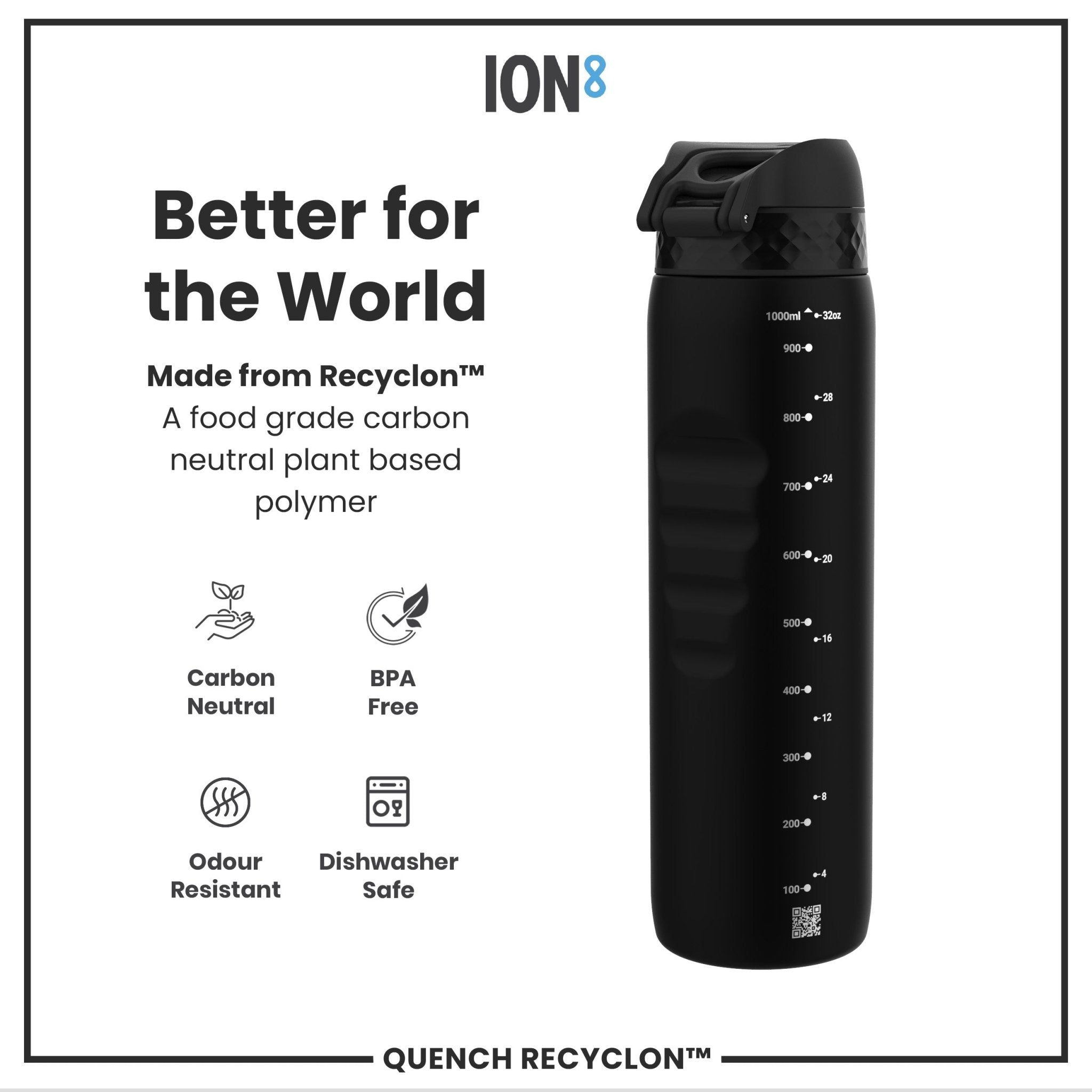 Recyclon ION8 black 1L leak proof water bottle with a secure cap and sleek design, ideal for hydration on the go.