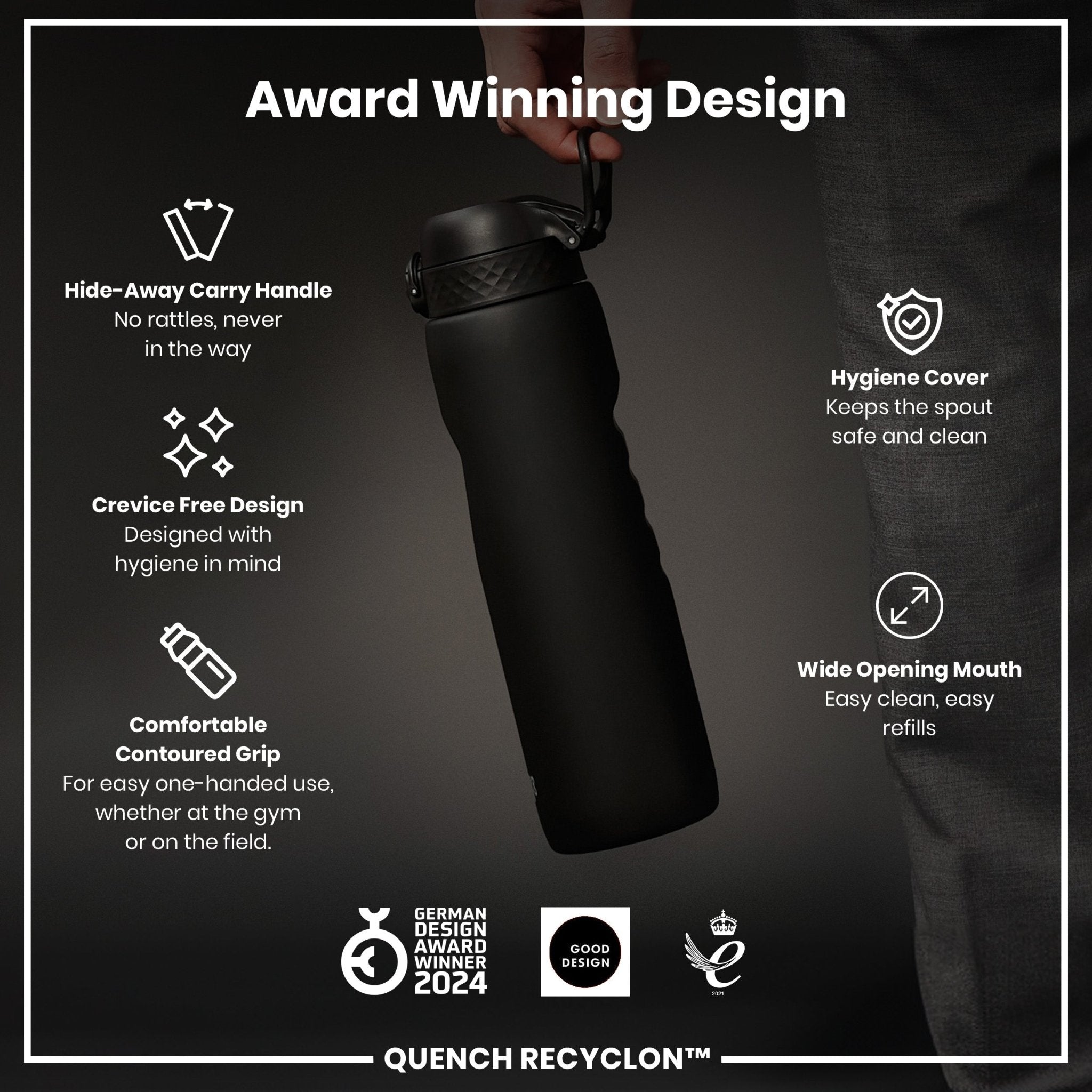 Black ION8 Leak Proof 1-liter Recyclon water bottle with secure cap and sleek design, perfect for hydration on the go.