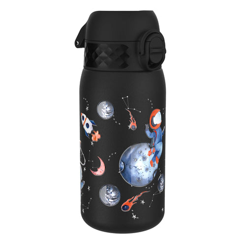 ION8 leak-proof kids water bottle in stainless steel with a space-themed design, 400ml capacity, showing the bottle's space graphic.