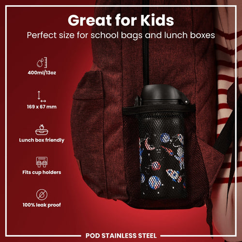 Ion8 stainless steel leak-proof kids water bottle with space design, 400ml capacity, durable and safe for children.