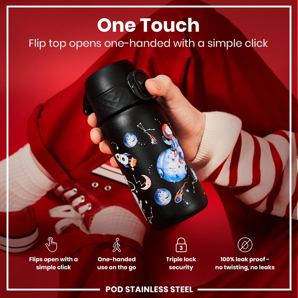 Leak-proof ION8 stainless steel kids water bottle in space design, 400ml capacity, durable and spill-resistant.