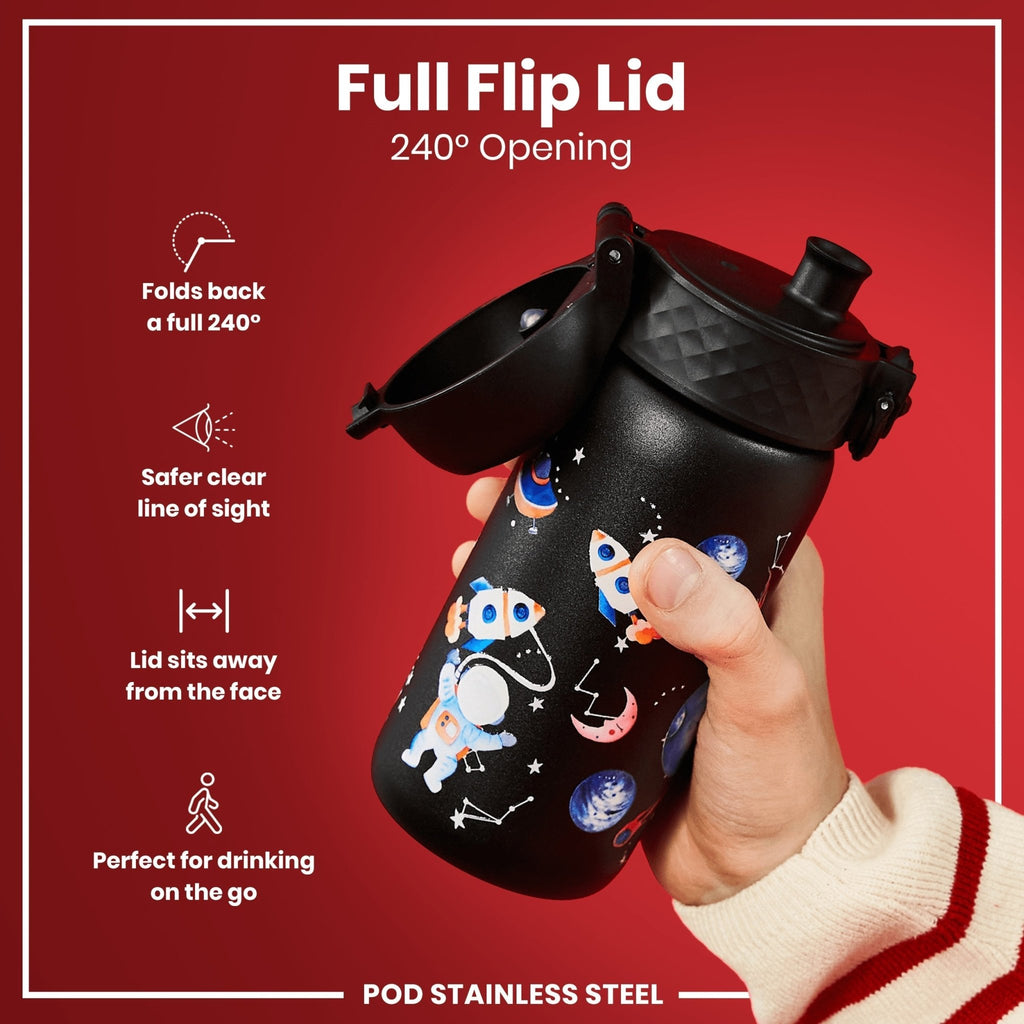 ION8 leak-proof kids water bottle in stainless steel with space design, 400ml capacity, featuring a secure lid and colorful space-themed graphics.