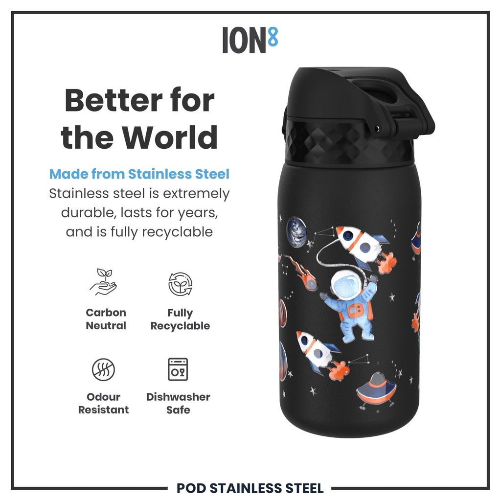 ION8 stainless steel leak-proof kids water bottle in space design, 400ml (13oz) with a secure lid and durable construction.
