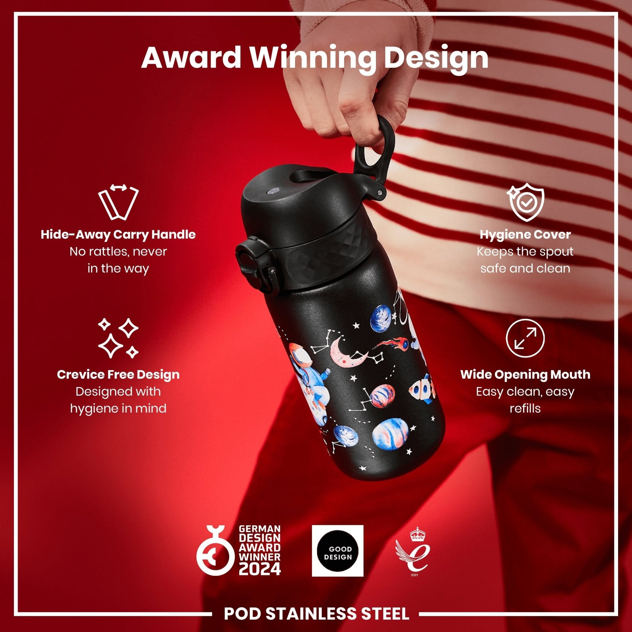 Stainless steel leak-proof kids water bottle by ION8 with space design, 400ml (13oz) capacity, showing a colorful space-themed pattern.