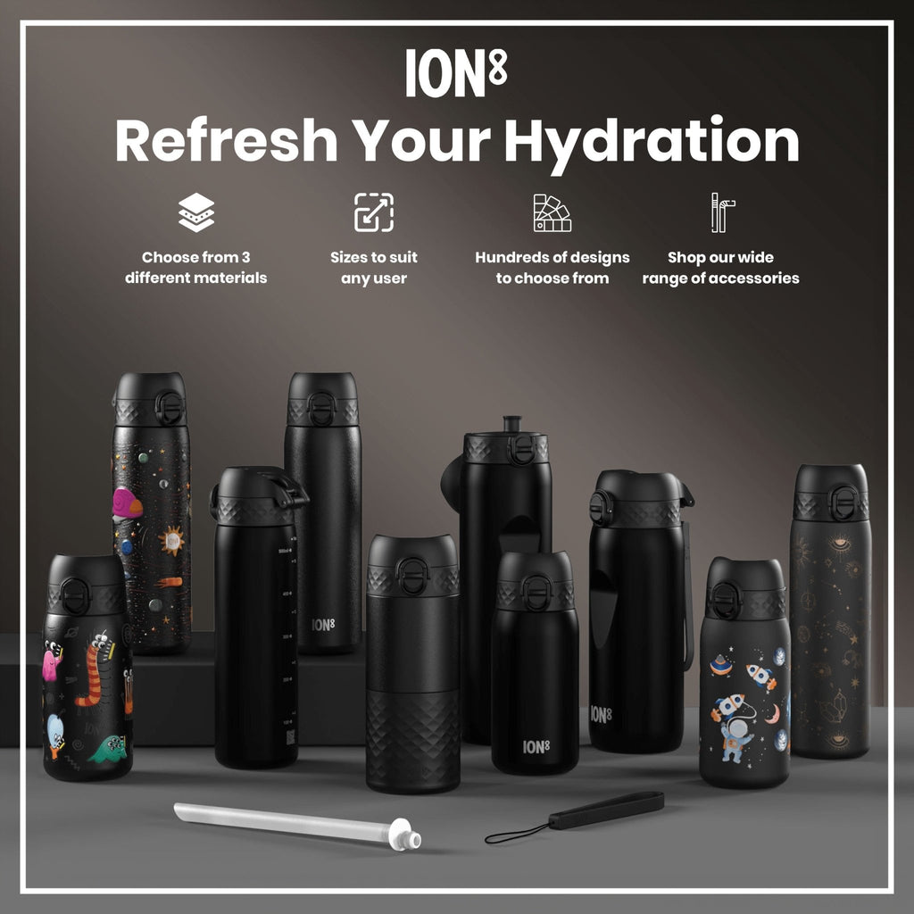 Leak-proof ION8 stainless steel kids water bottle with space design, 400ml capacity, durable and spill-resistant.