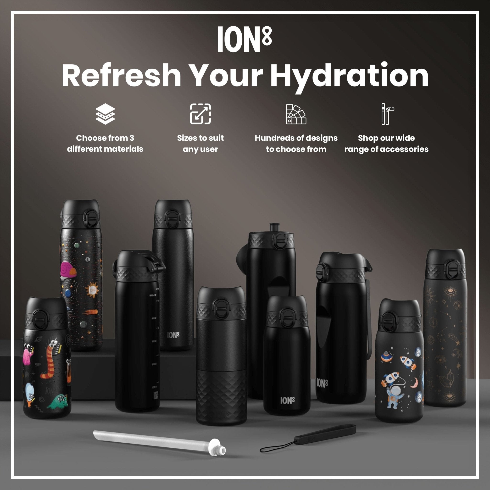 Leak-proof ION8 stainless steel kids water bottle with space design, 400ml capacity, durable and spill-resistant.